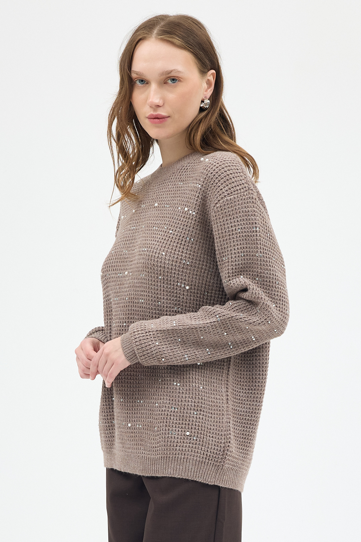 Koyu Vizon Kadın Taş İşleme Detaylı Bisiklet Yaka Triko Kazak 7045 