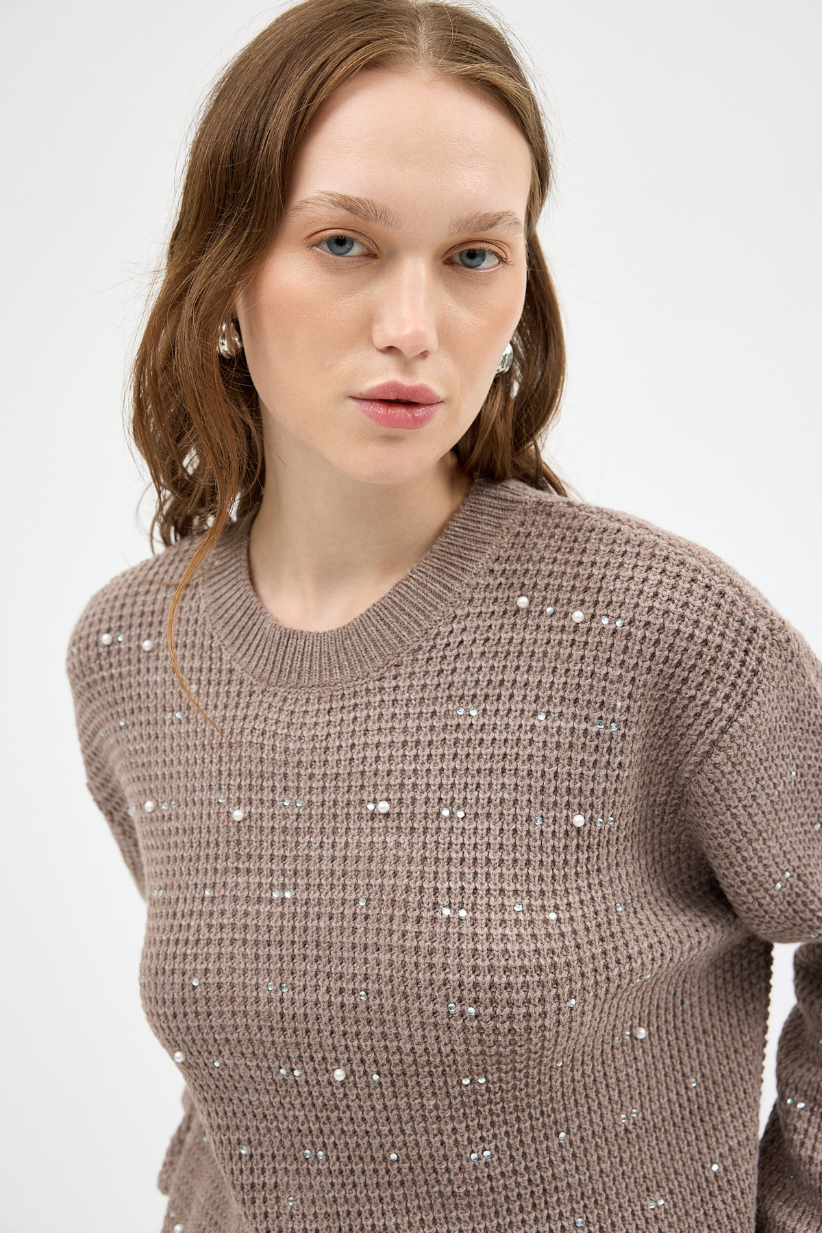 Koyu Vizon Kadın Taş İşleme Detaylı Bisiklet Yaka Triko Kazak 7045 - 4