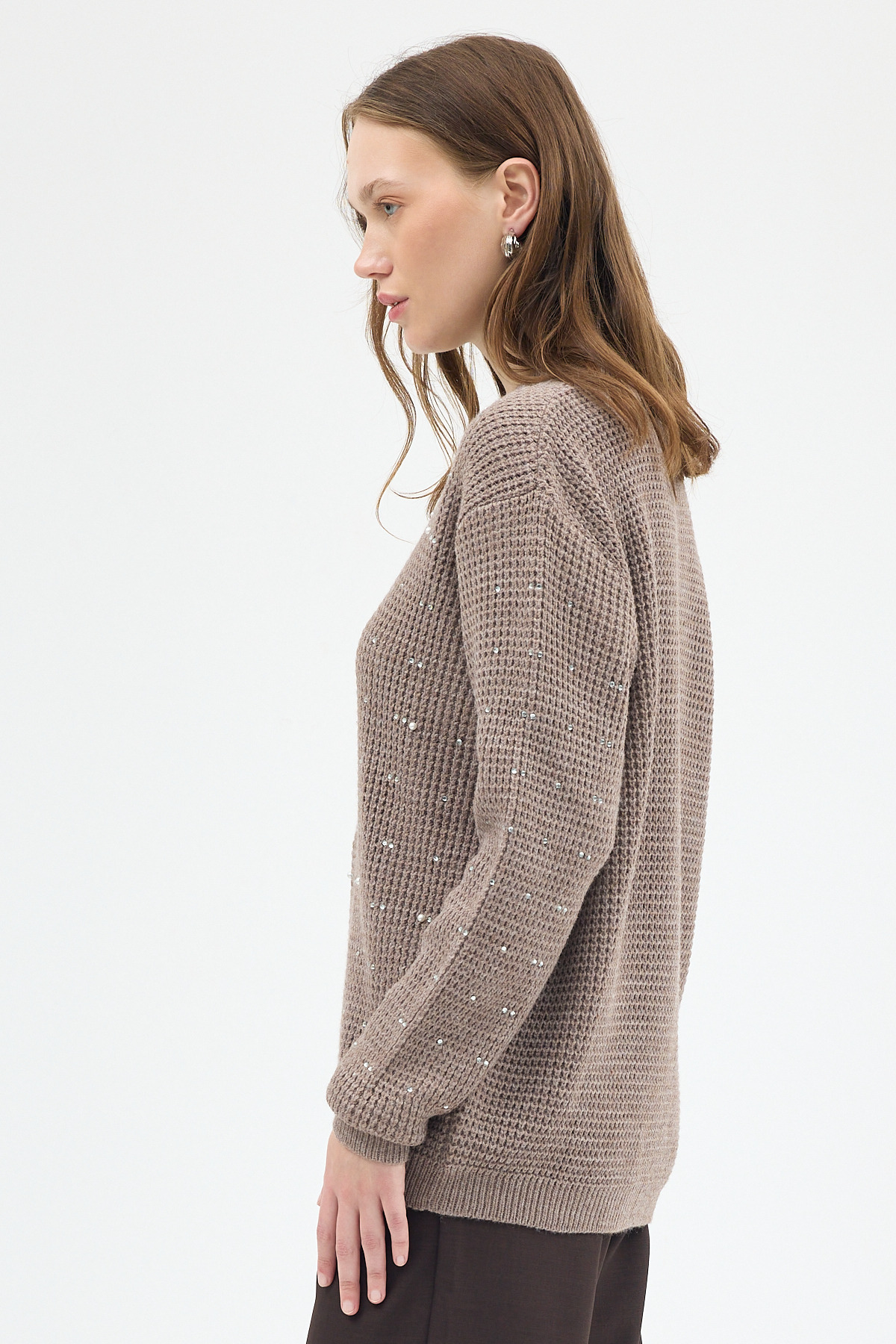 Koyu Vizon Kadın Taş İşleme Detaylı Bisiklet Yaka Triko Kazak 7045 - 6