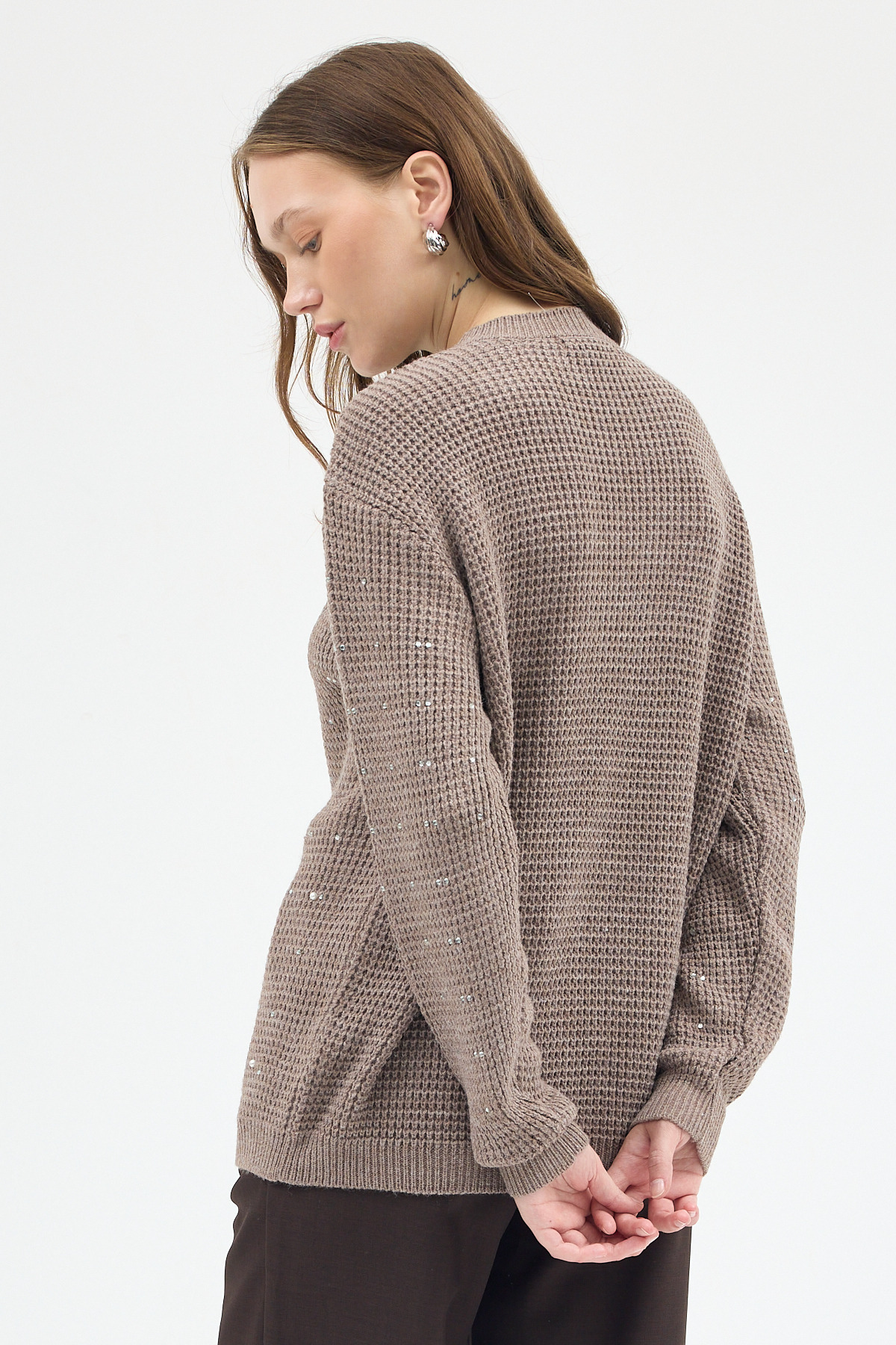 Koyu Vizon Kadın Taş İşleme Detaylı Bisiklet Yaka Triko Kazak 7045 - 5