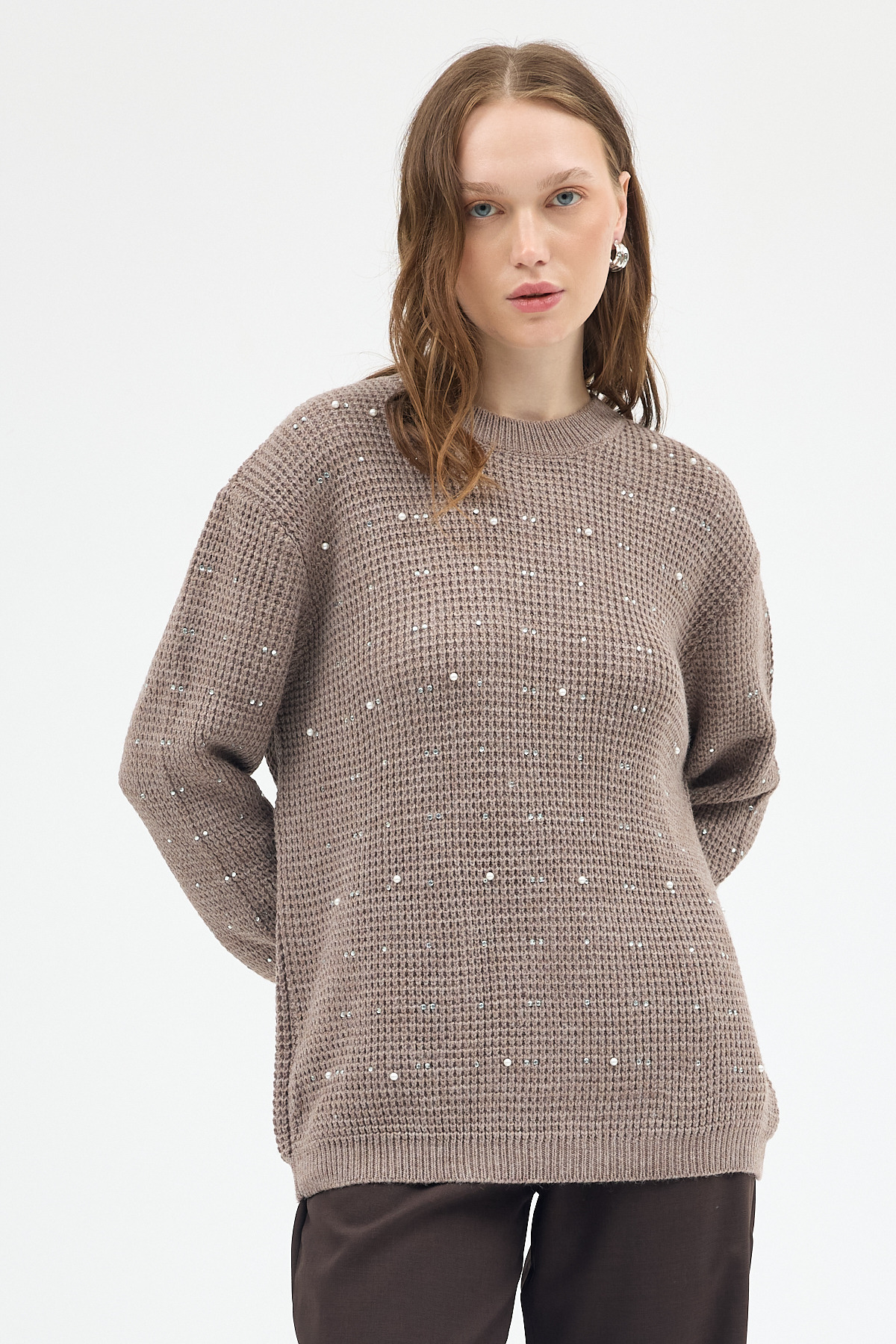 Koyu Vizon Kadın Taş İşleme Detaylı Bisiklet Yaka Triko Kazak 7045 - 7