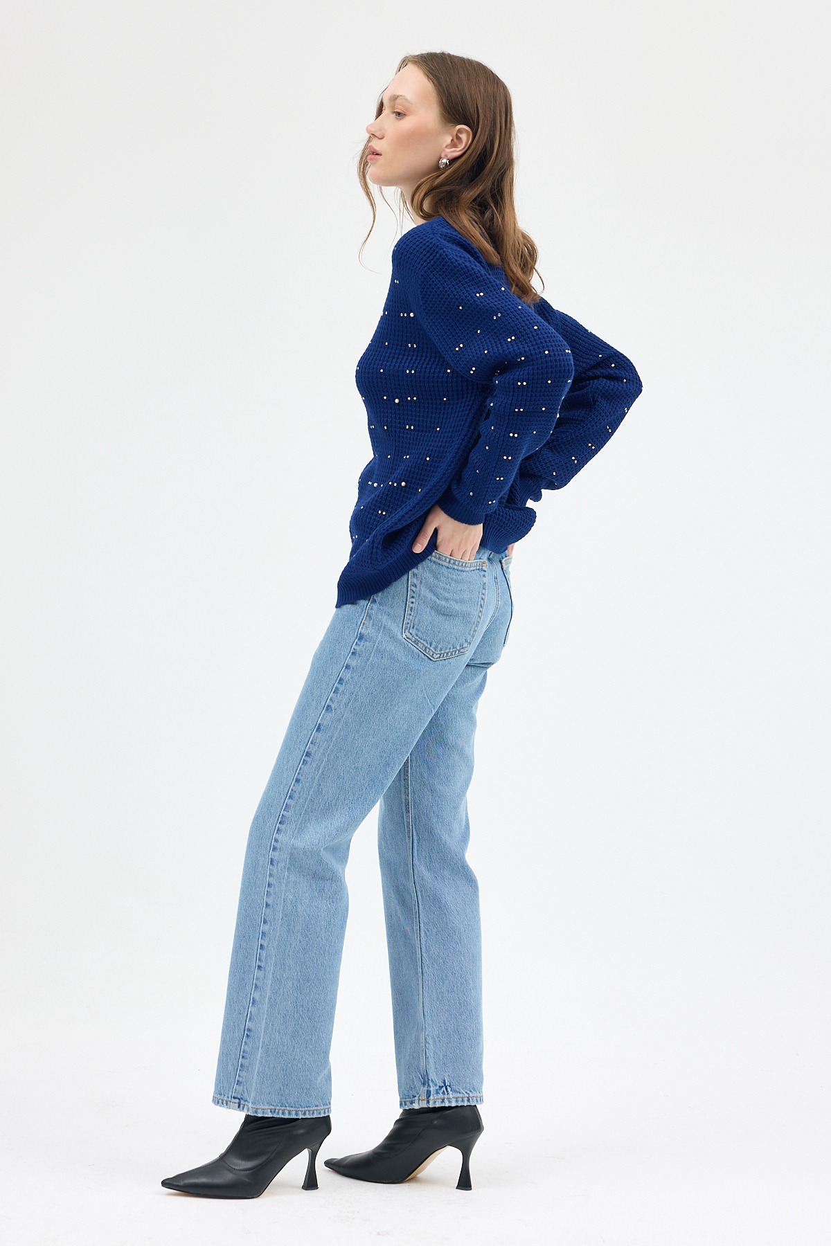 Laci Kadın Taş İşleme Detaylı Bisiklet Yaka Triko Kazak 7045 - 1