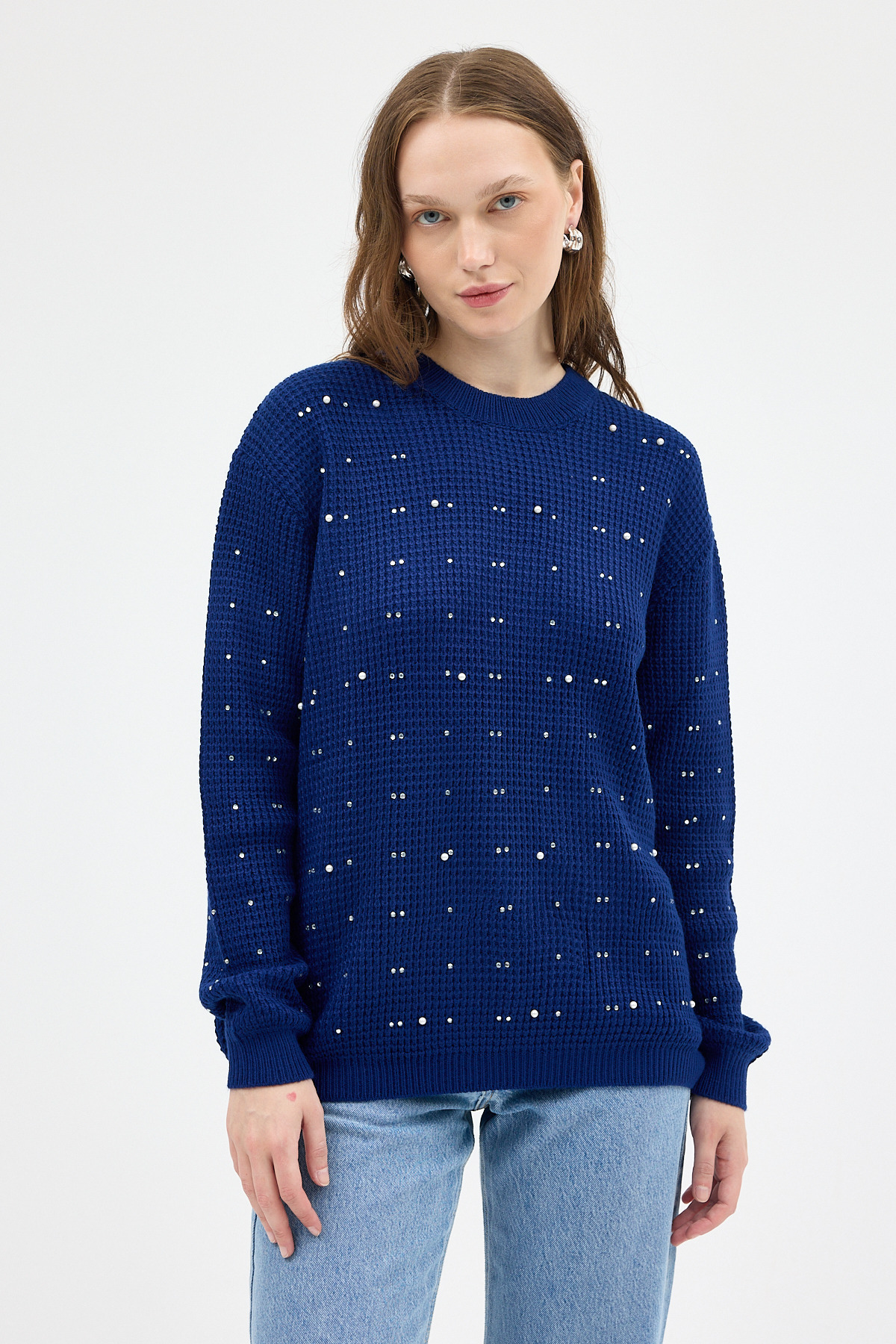 Laci Kadın Taş İşleme Detaylı Bisiklet Yaka Triko Kazak 7045 - 2