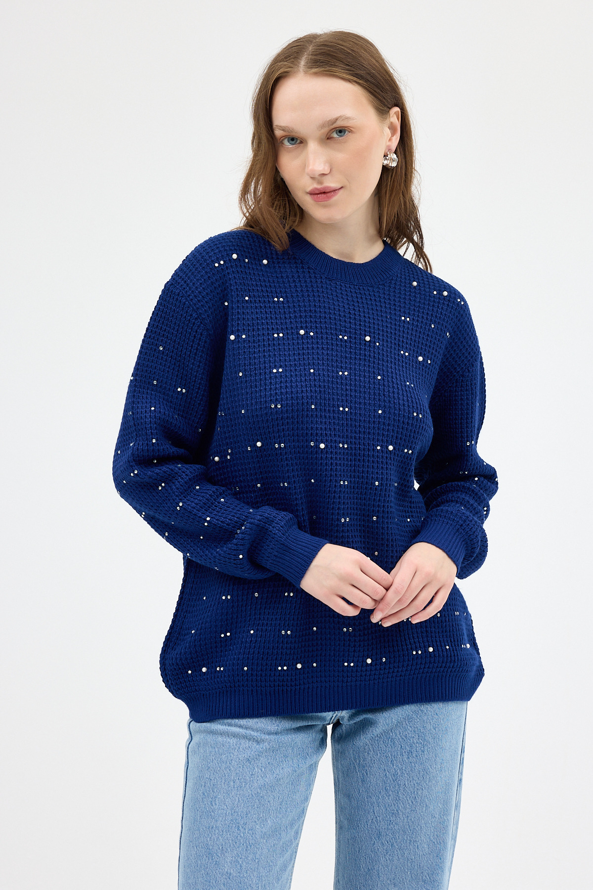 Laci Kadın Taş İşleme Detaylı Bisiklet Yaka Triko Kazak 7045 - 3