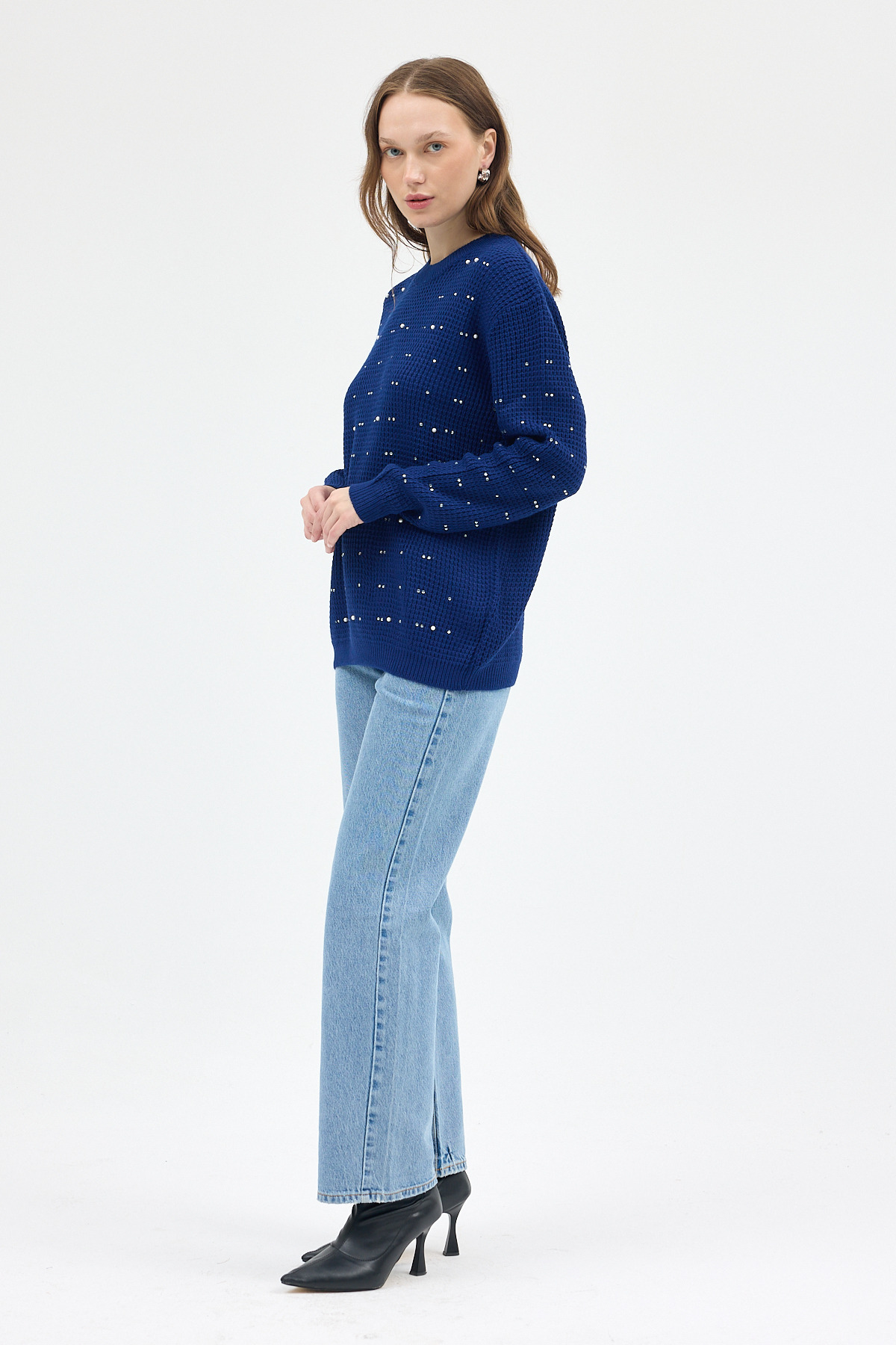 Laci Kadın Taş İşleme Detaylı Bisiklet Yaka Triko Kazak 7045 - 7