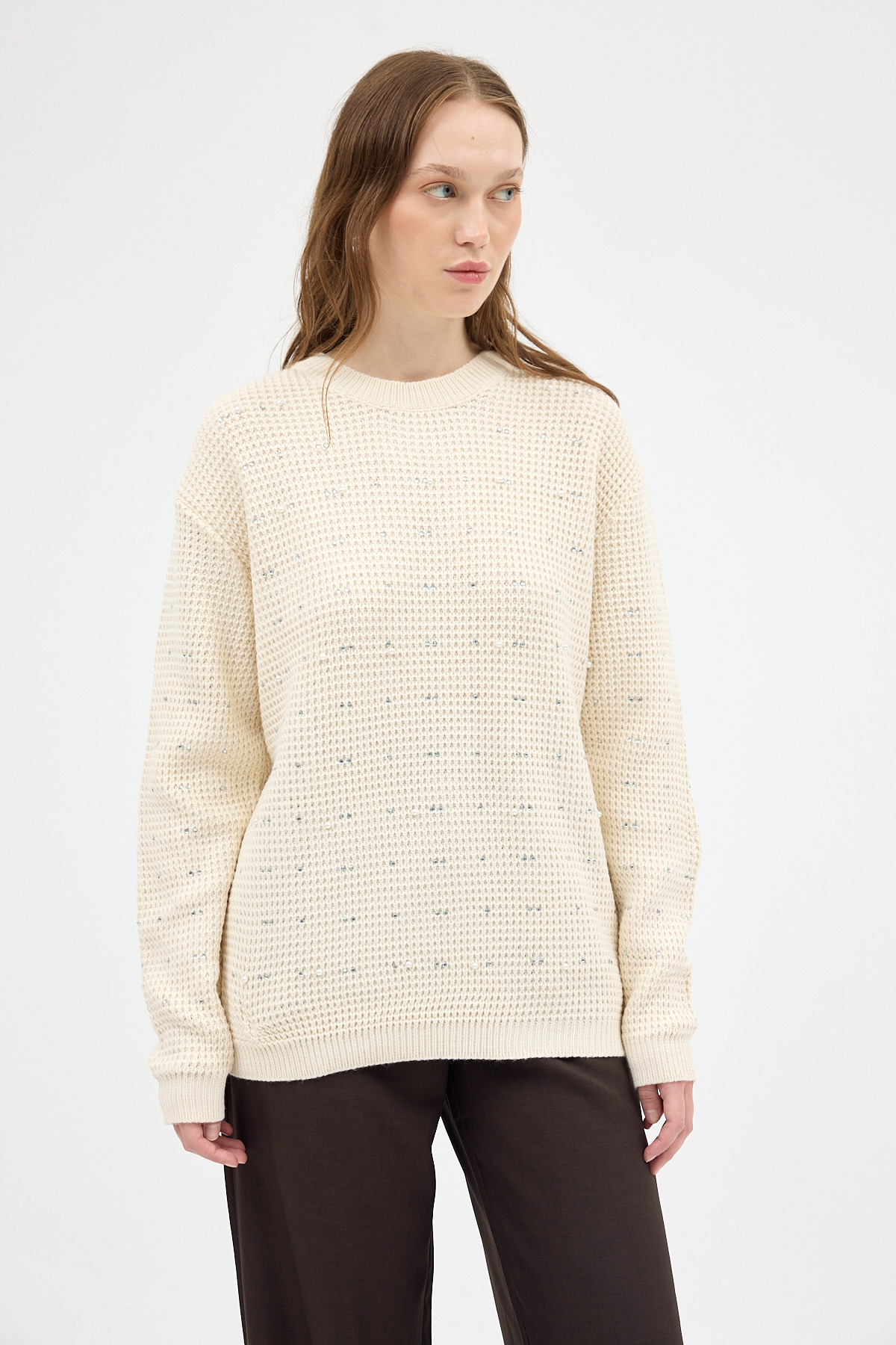 Natural Kadın Taş İşleme Detaylı Bisiklet Yaka Triko Kazak 7045 - 1