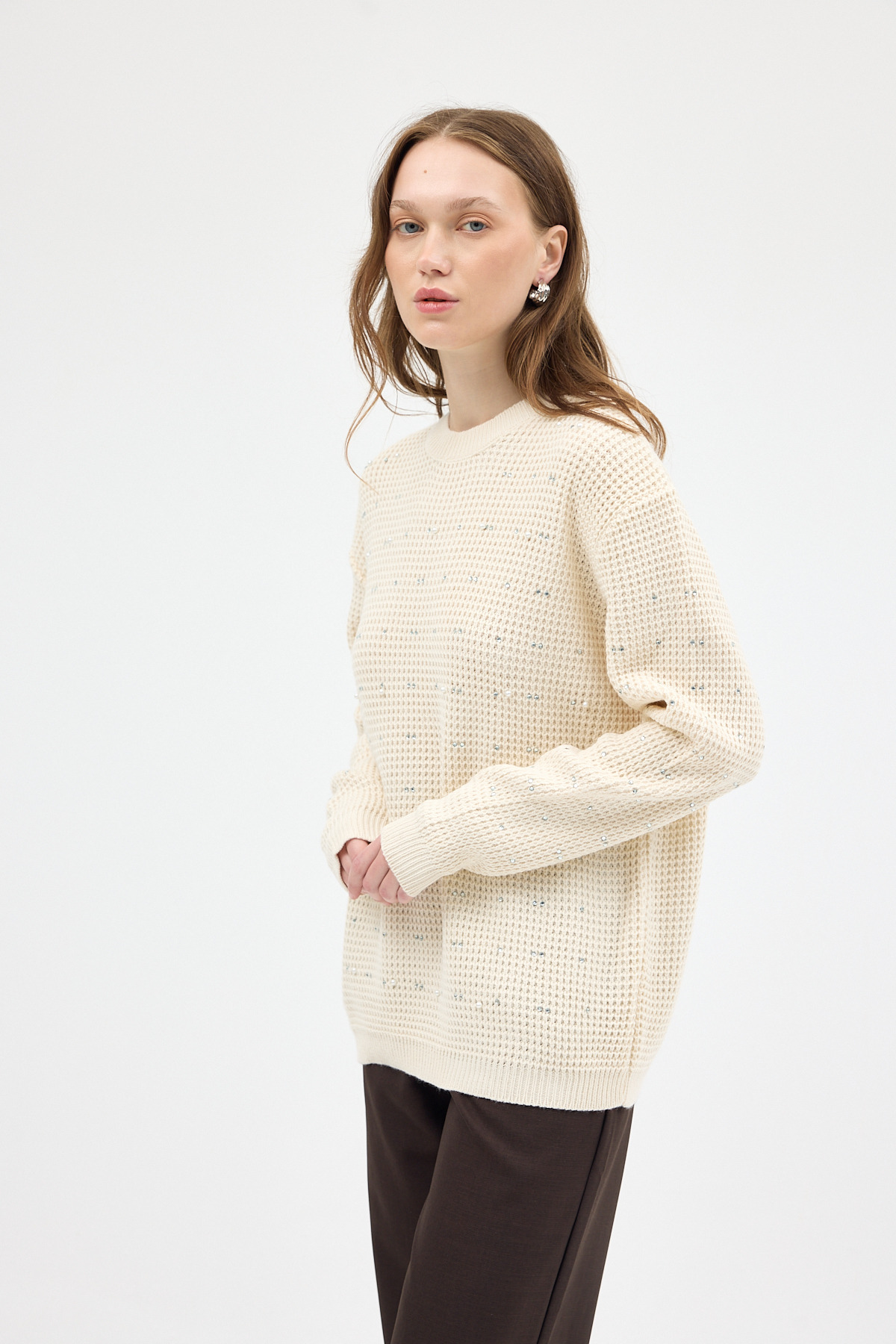 Natural Kadın Taş İşleme Detaylı Bisiklet Yaka Triko Kazak 7045 - 2