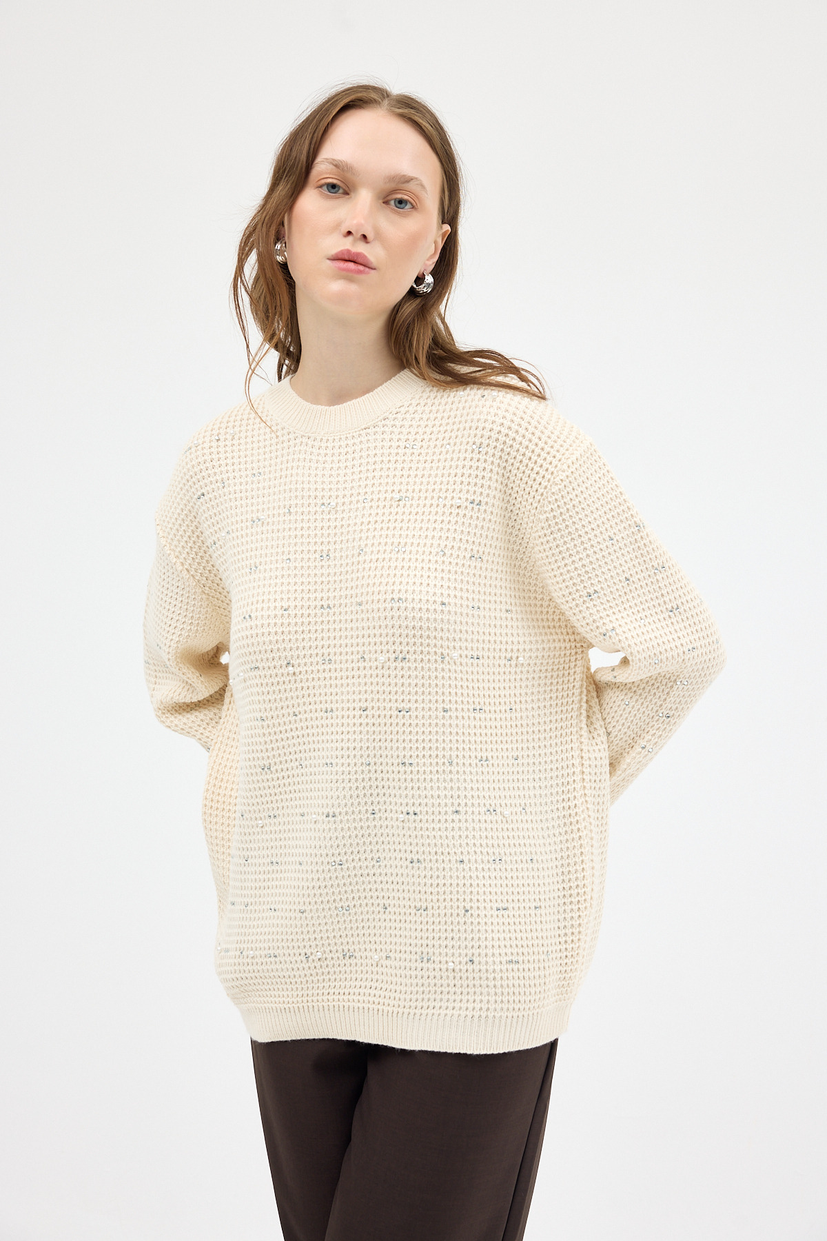 Natural Kadın Taş İşleme Detaylı Bisiklet Yaka Triko Kazak 7045 - 7