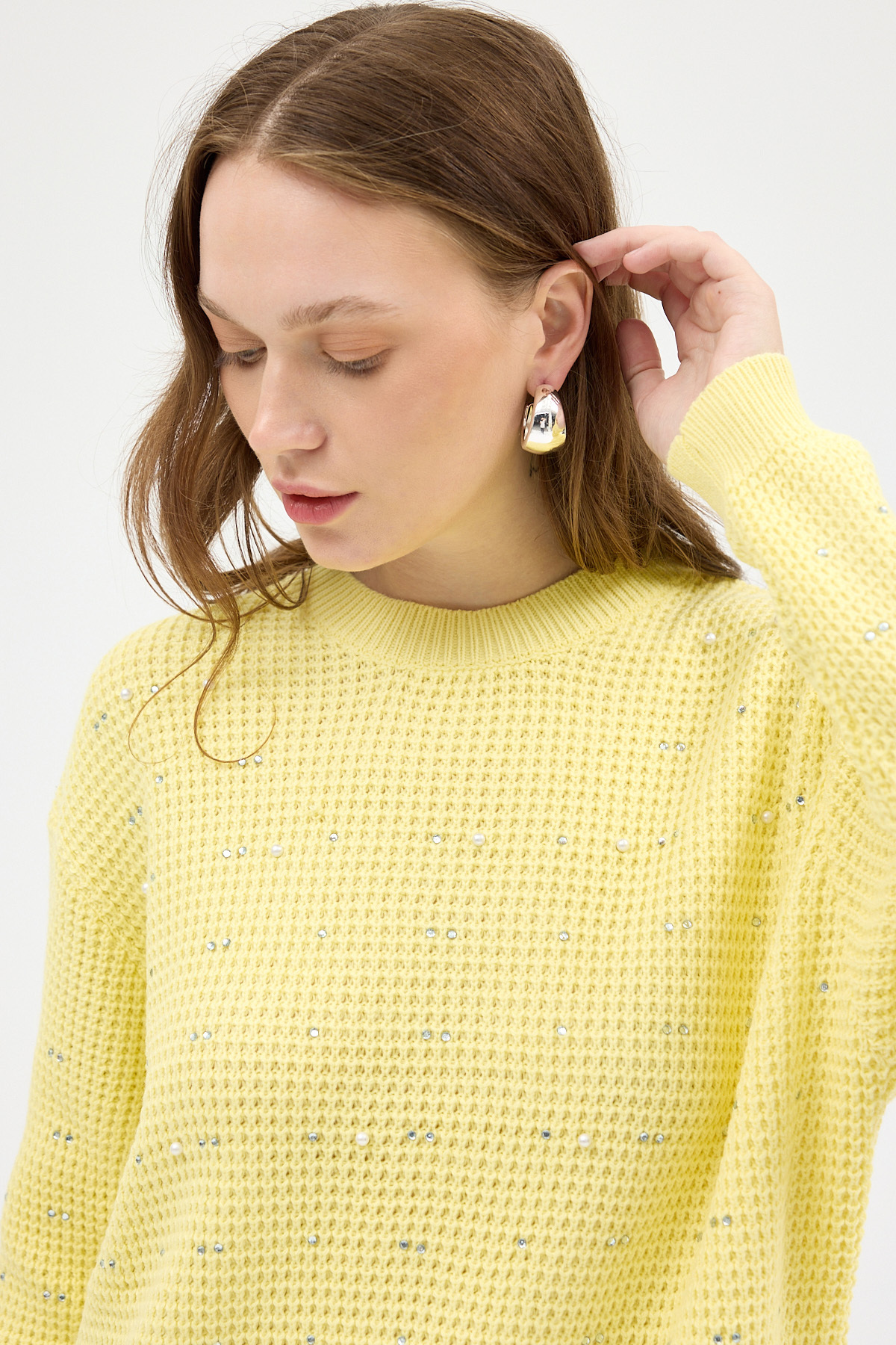 Sarı Kadın Taş İşleme Detaylı Bisiklet Yaka Triko Kazak 7045 - RAYS