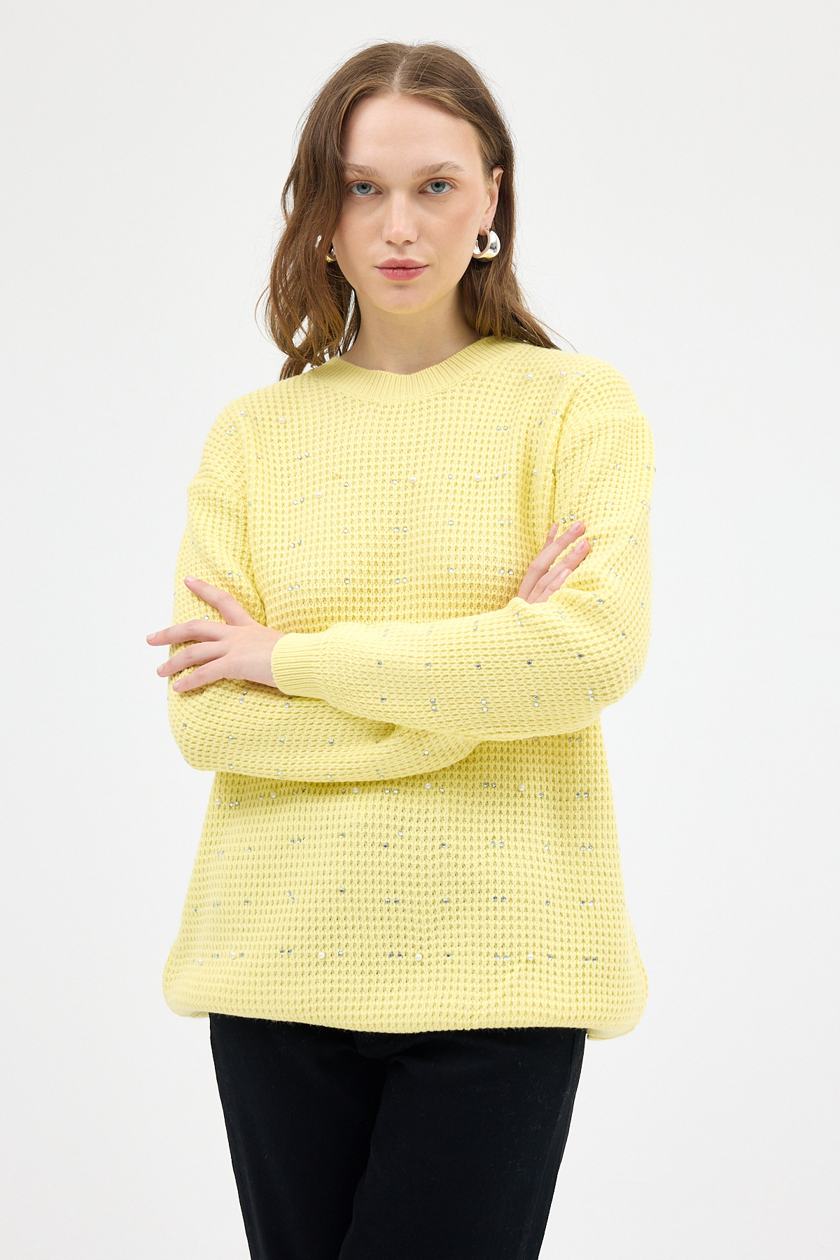 Sarı Kadın Taş İşleme Detaylı Bisiklet Yaka Triko Kazak 7045 - 7