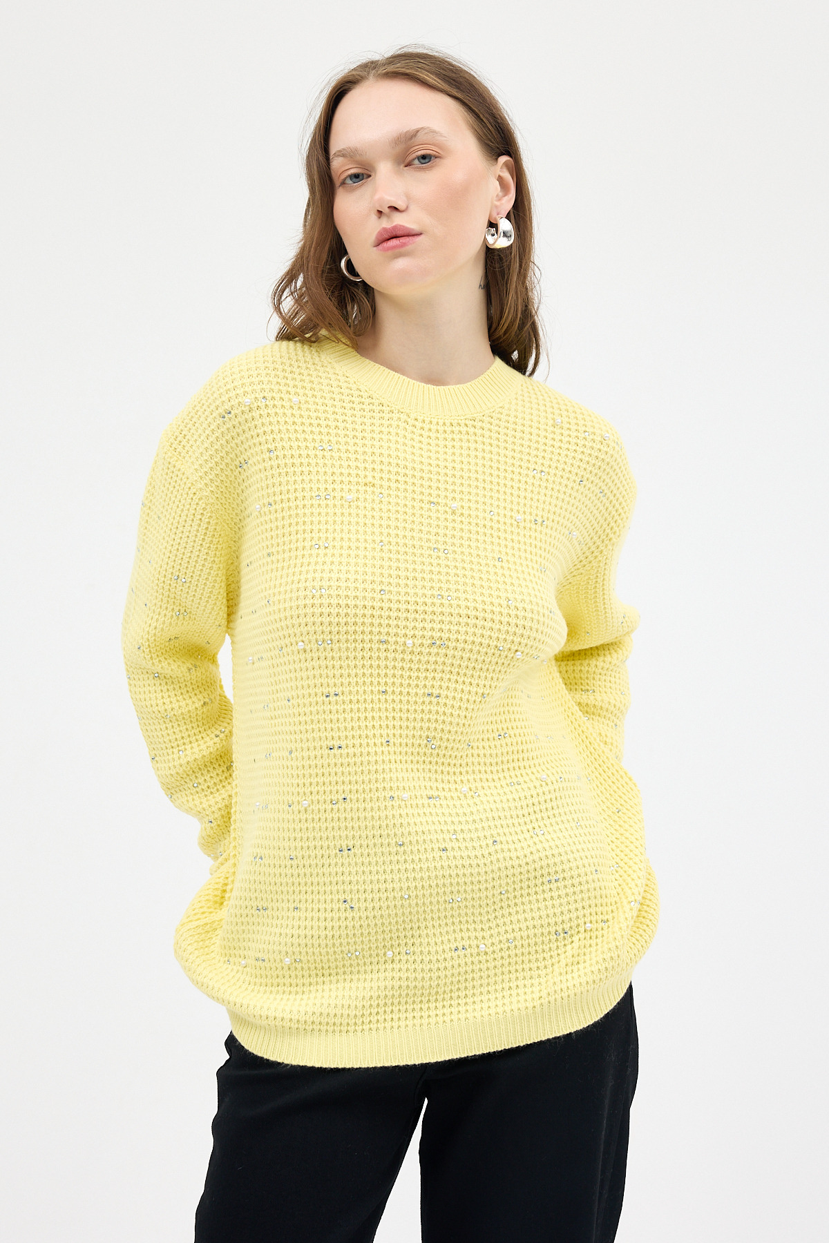 Sarı Kadın Taş İşleme Detaylı Bisiklet Yaka Triko Kazak 7045 - 1