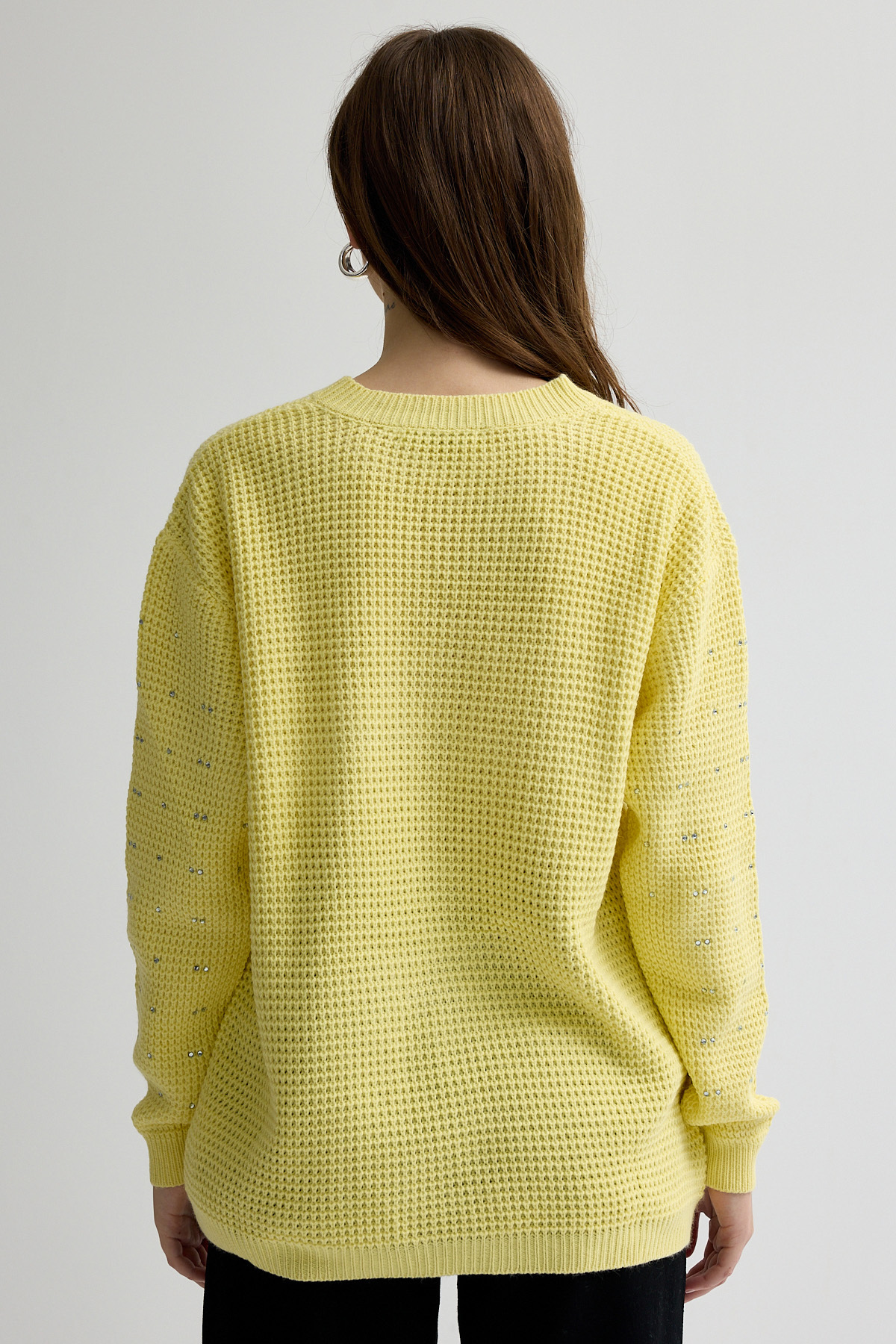 Sarı Kadın Taş İşleme Detaylı Bisiklet Yaka Triko Kazak 7045 - 5