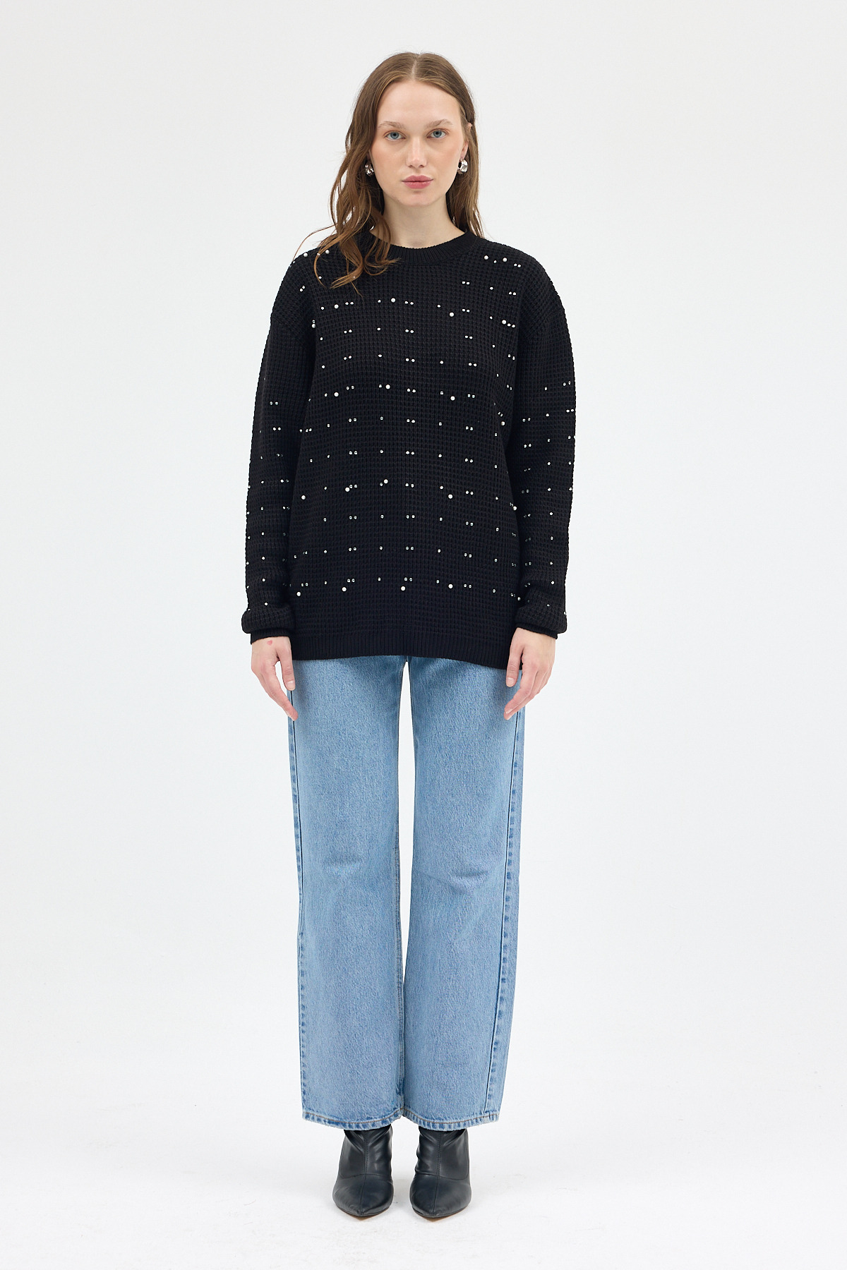 Siyah Kadın Taş İşleme Detaylı Bisiklet Yaka Triko Kazak 7045 - RAYS