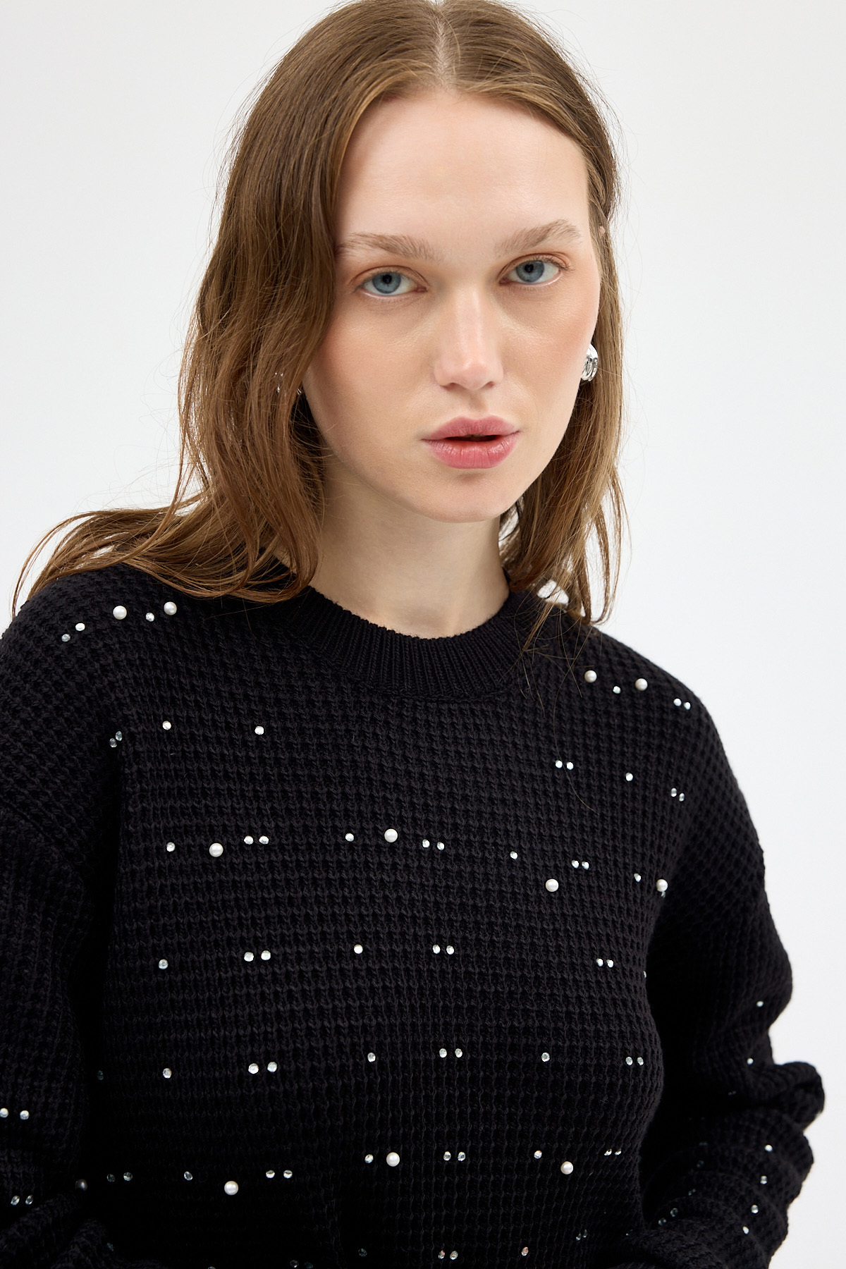 Siyah Kadın Taş İşleme Detaylı Bisiklet Yaka Triko Kazak 7045 - RAYS