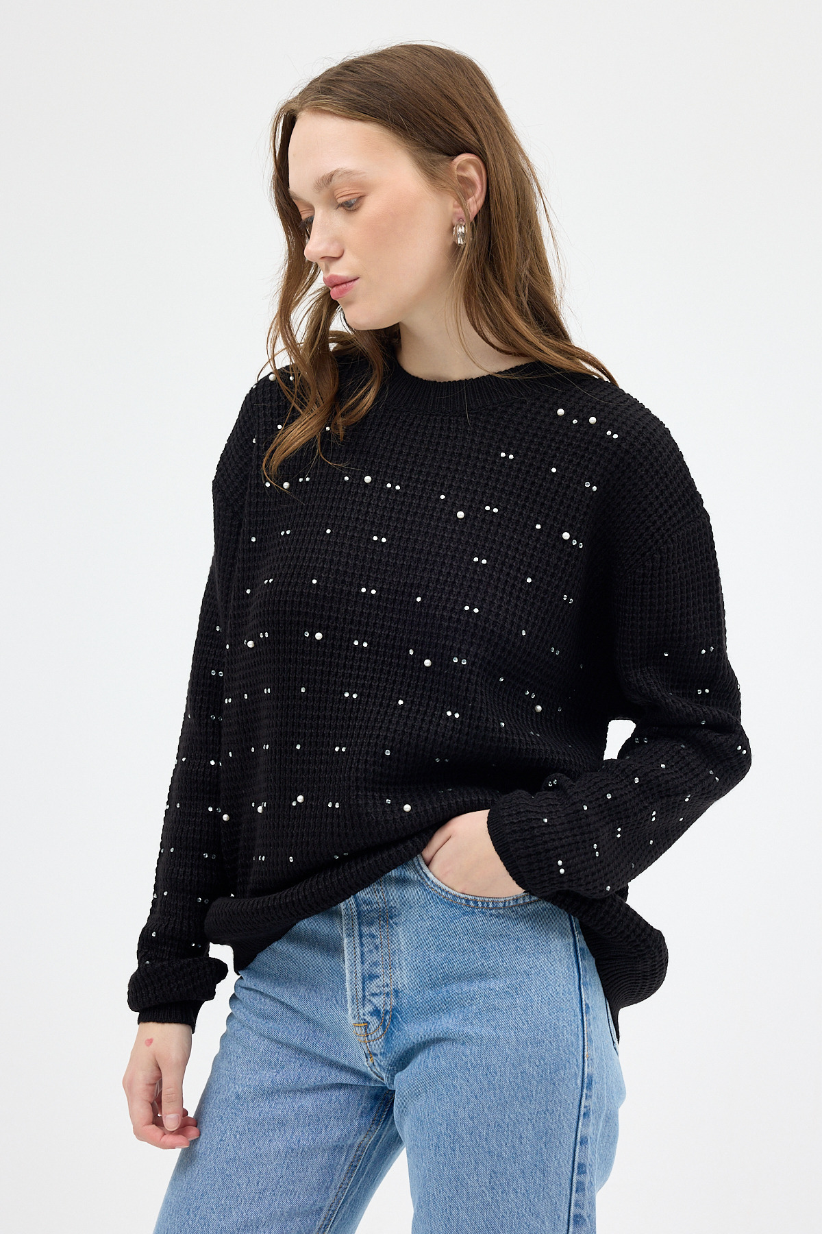 Siyah Kadın Taş İşleme Detaylı Bisiklet Yaka Triko Kazak 7045 - 1