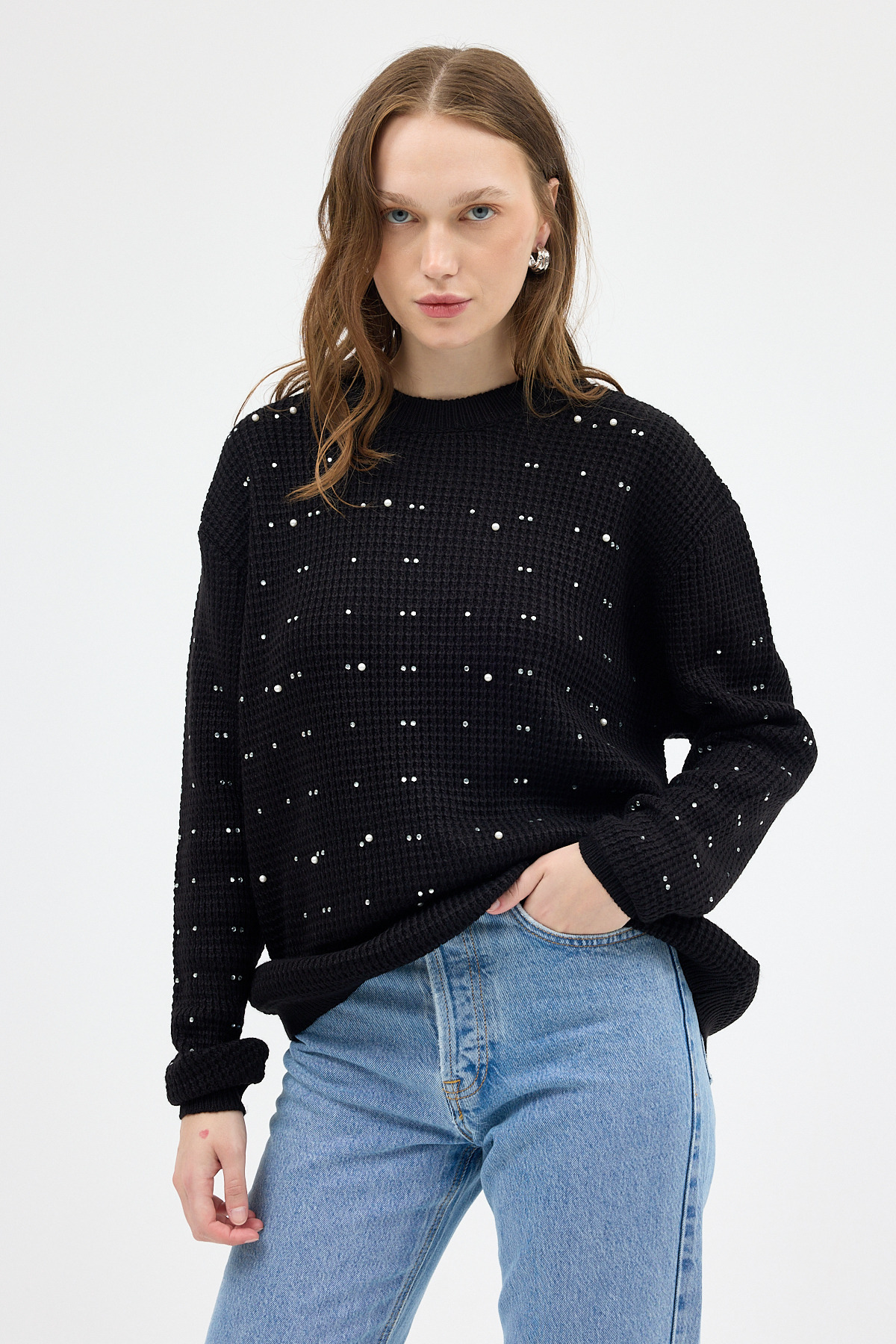 Siyah Kadın Taş İşleme Detaylı Bisiklet Yaka Triko Kazak 7045 - 3