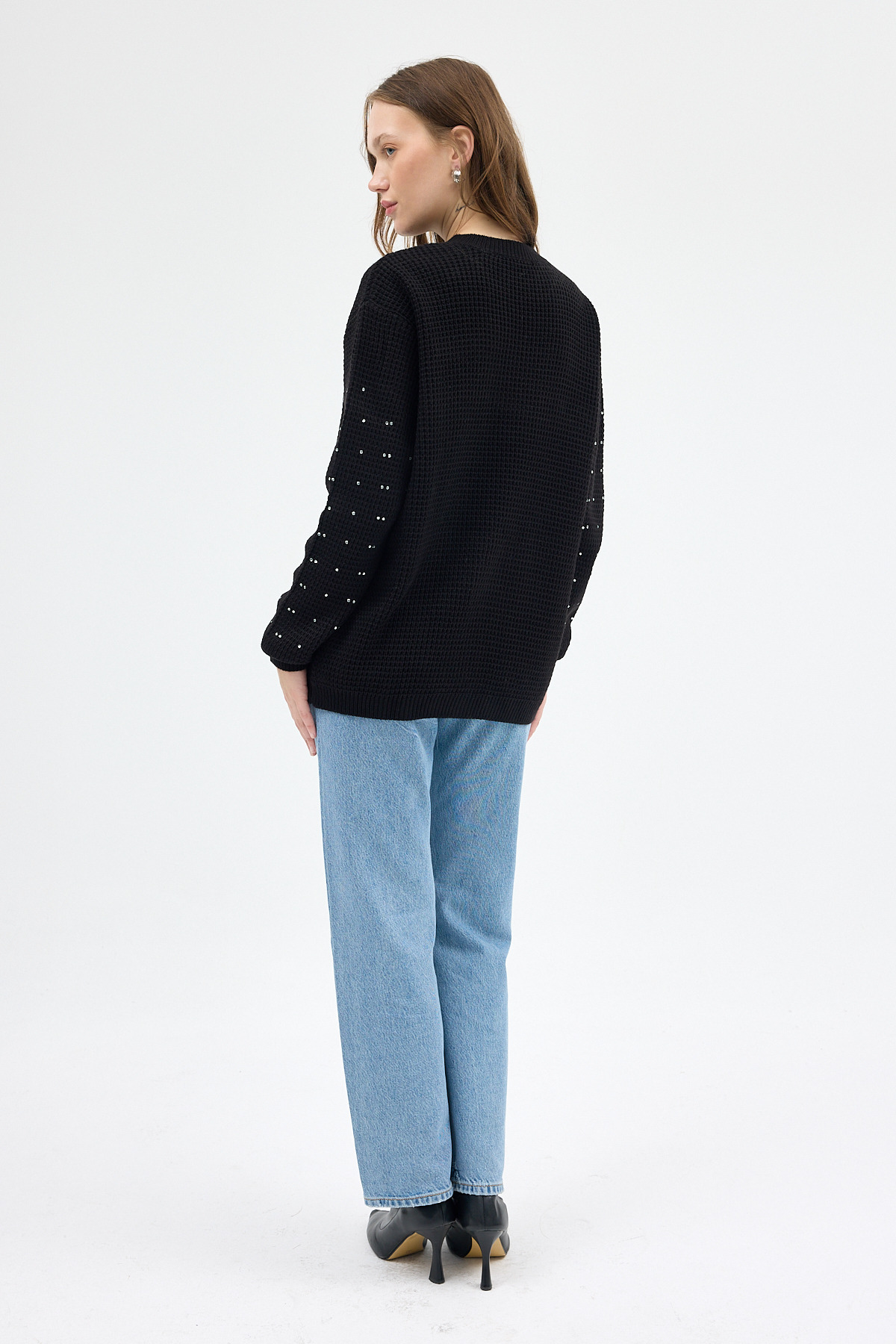 Siyah Kadın Taş İşleme Detaylı Bisiklet Yaka Triko Kazak 7045 - 5