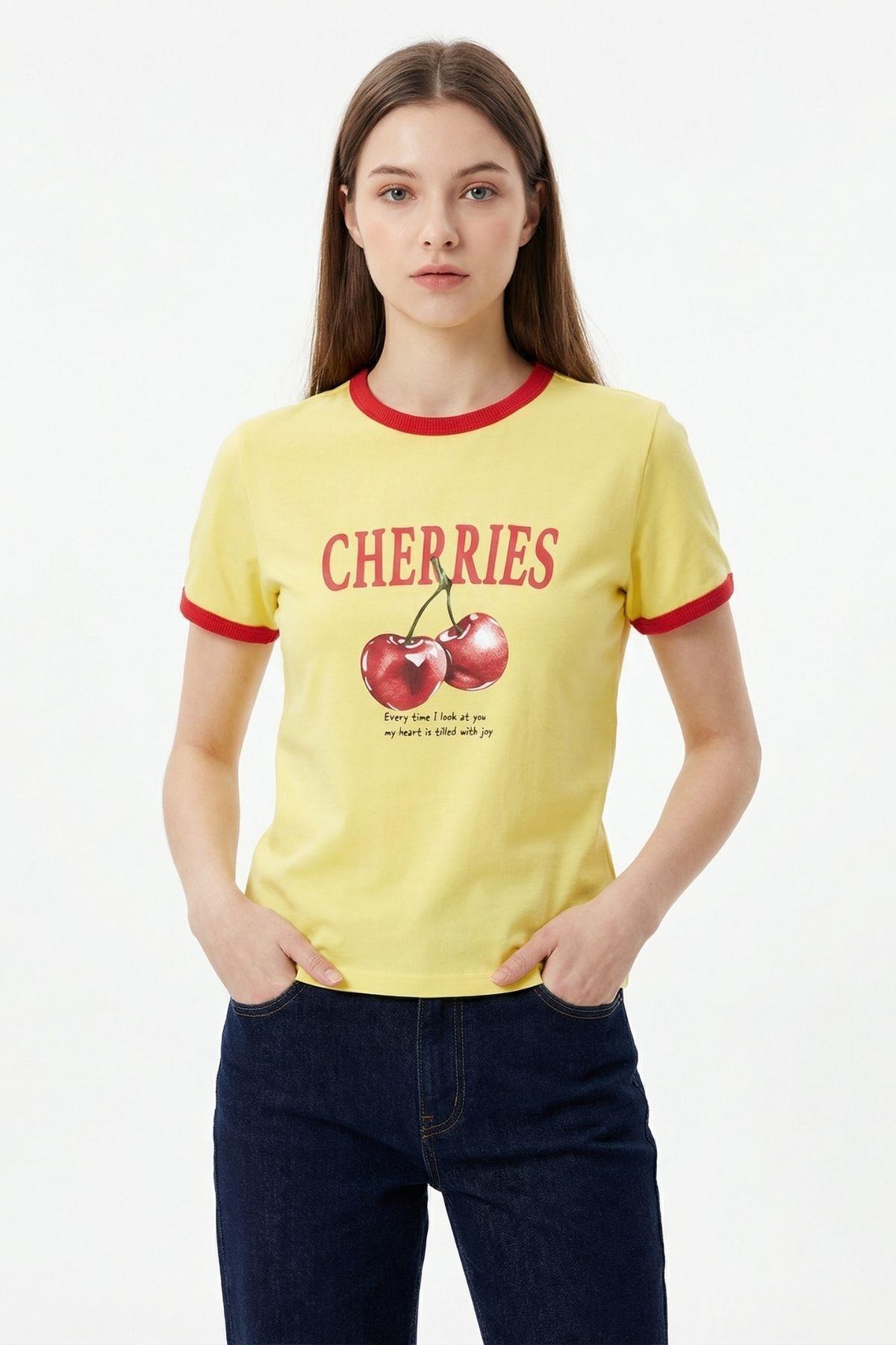 7062 Kiraz Desen Tişört Sarı - 1