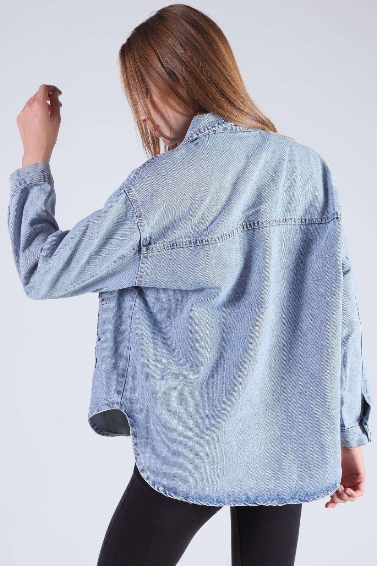 7071 Boya Baskılı Oversize Jean Gömlek Buz - 2