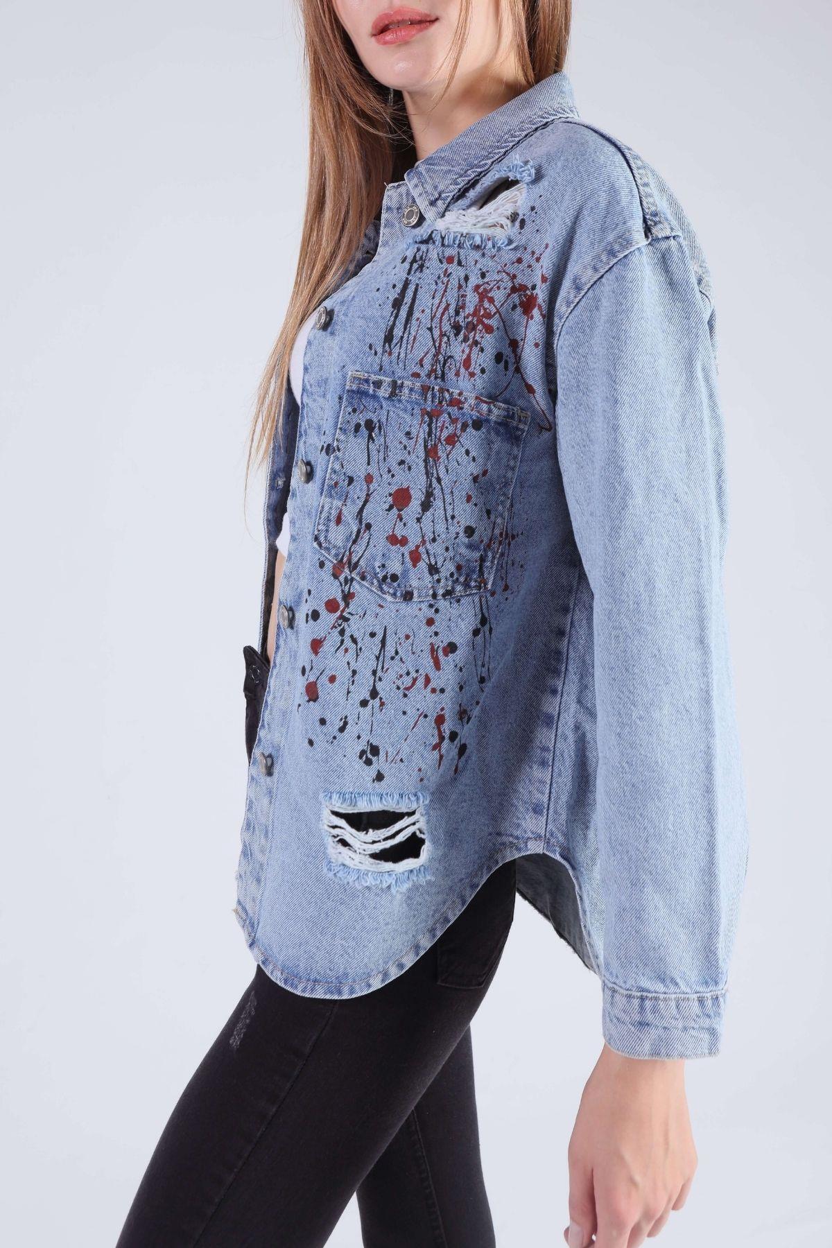 7071 Boya Baskılı Oversize Jean Gömlek Buz - 3