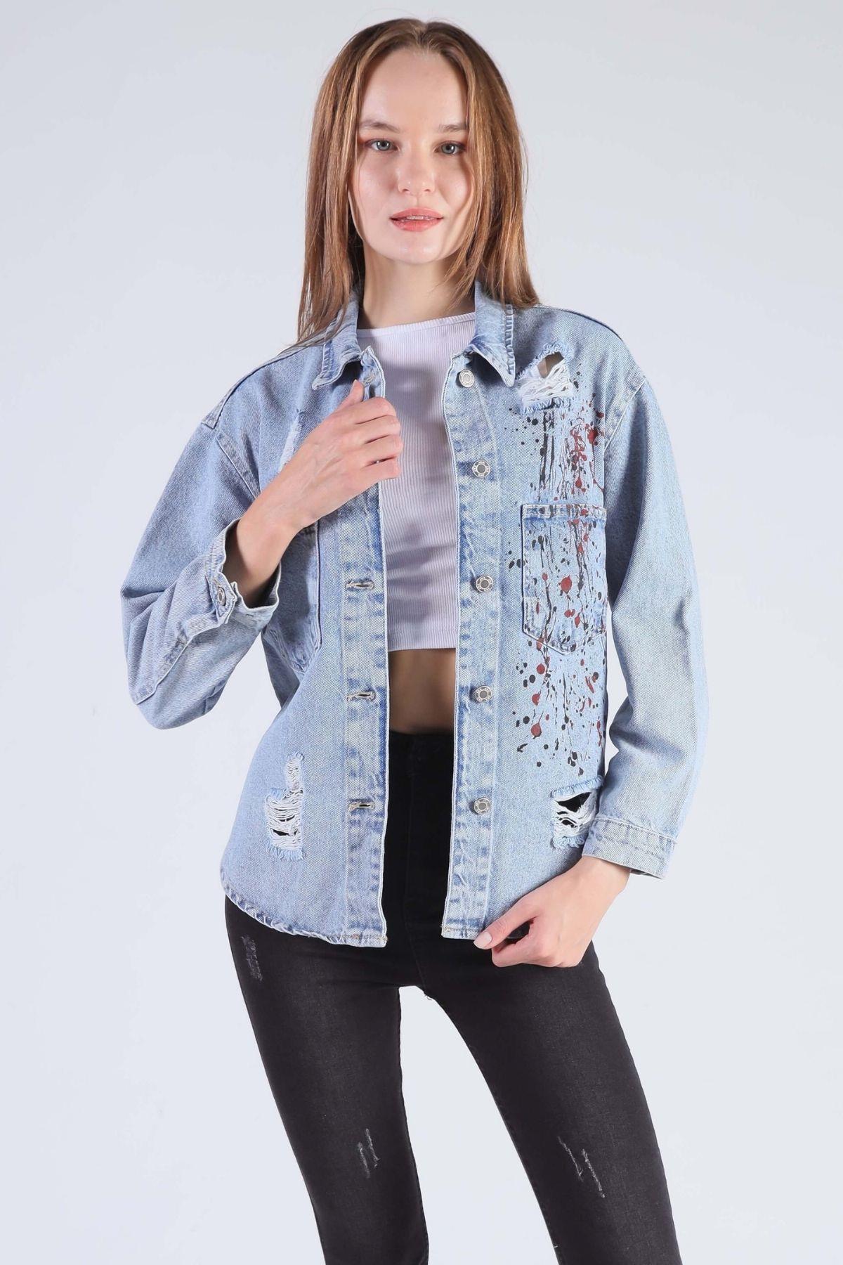 Buz Boya Baskılı Oversize Jean Gömlek 7071 - 1