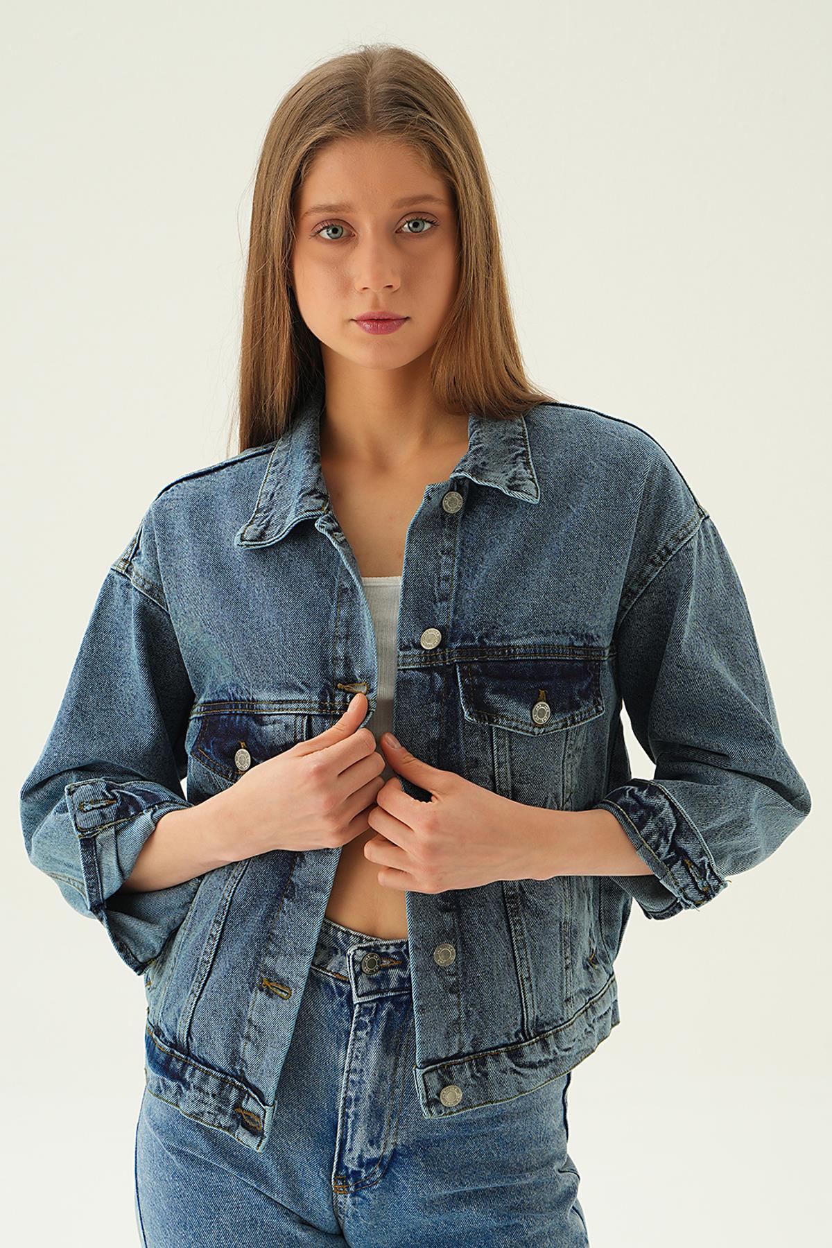 Kar Yıkama Oversize Kot Ceket 7084 - 2