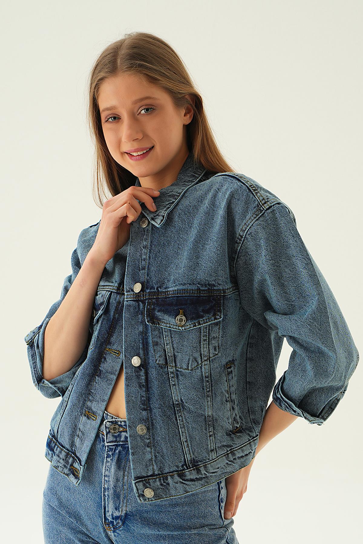 Kar Yıkama Oversize Kot Ceket 7084 - 4