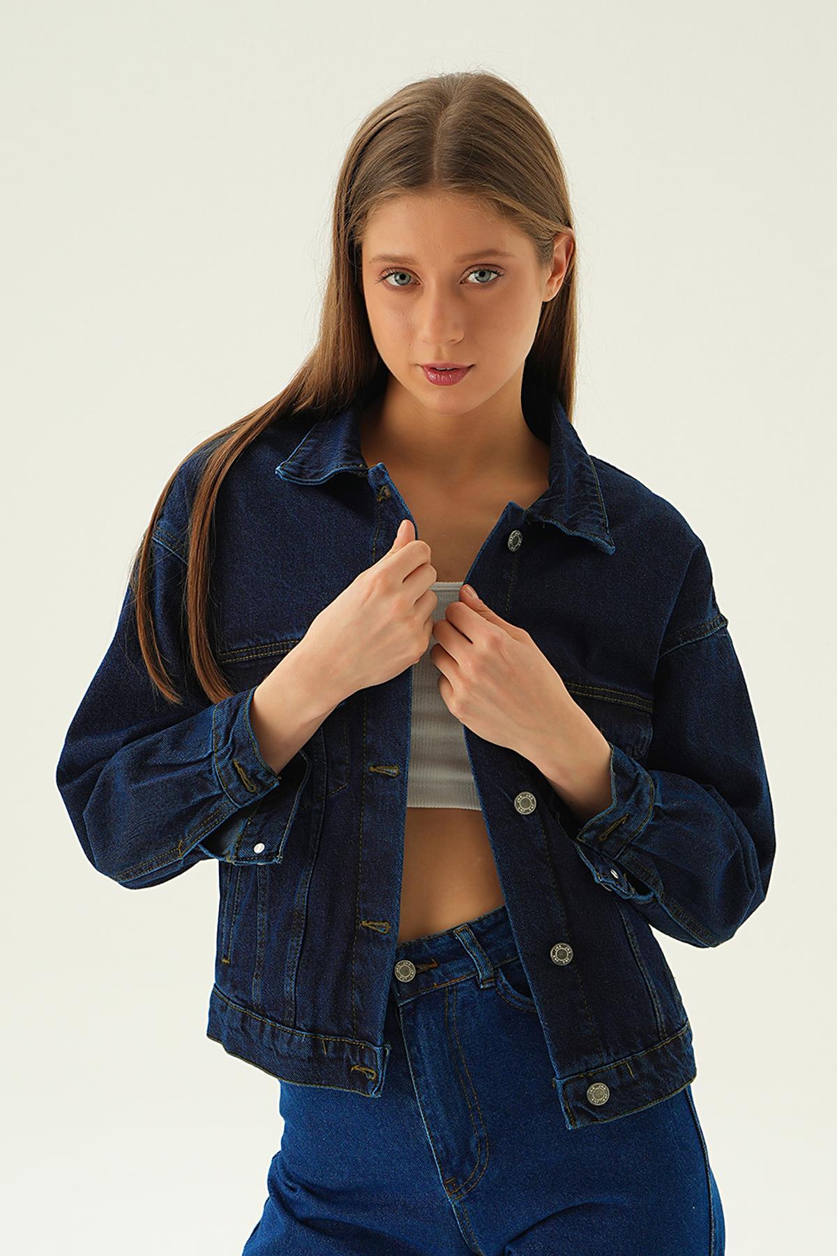 Koyu Mavi Oversize Kot Ceket 7084 - 4