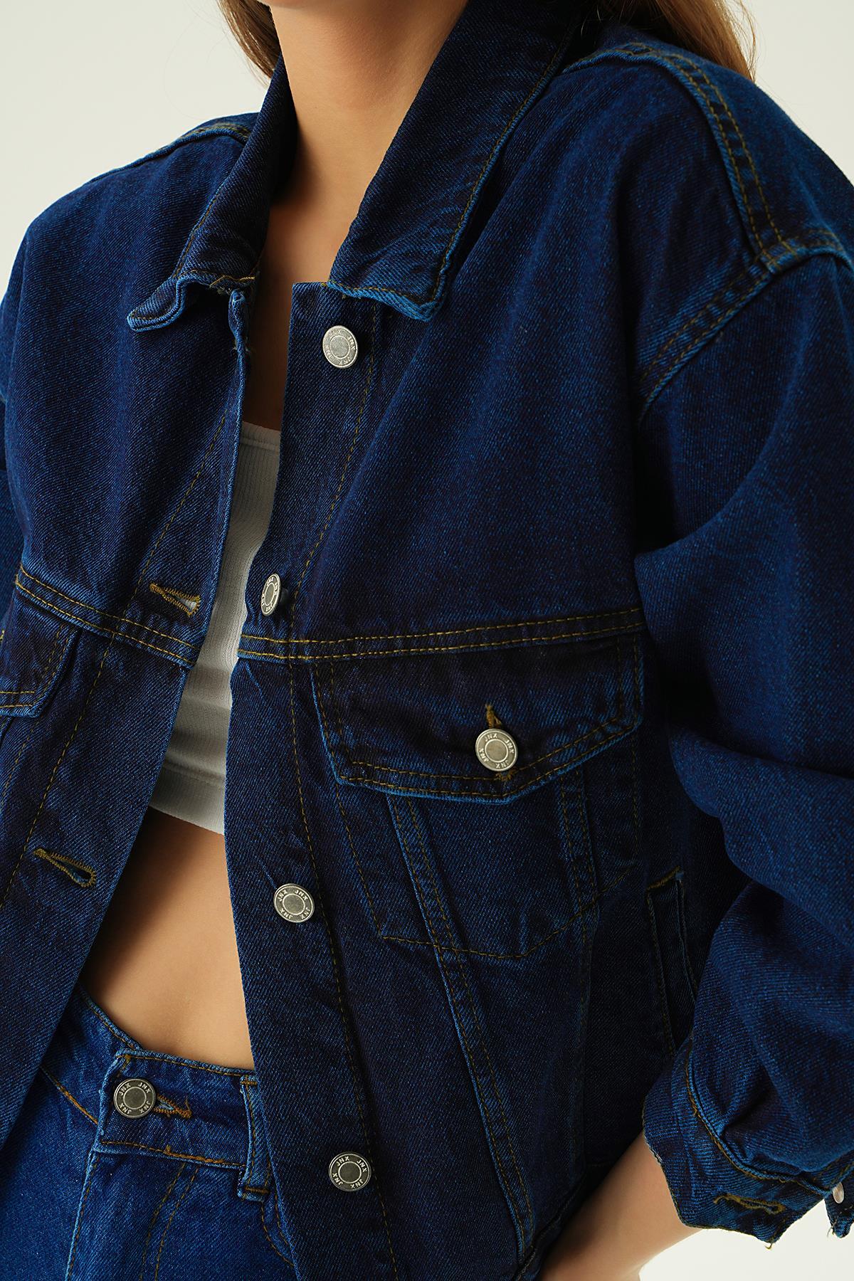 Koyu Mavi Oversize Kot Ceket 7084 - 5