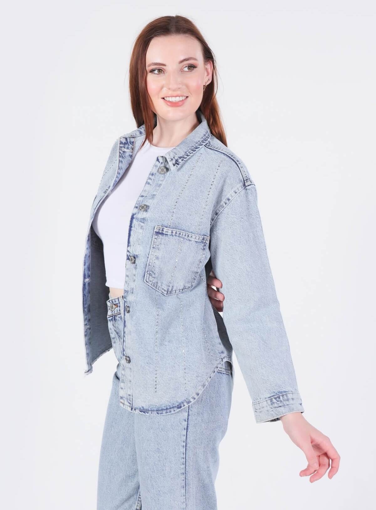 7089 Taşlı Oversize Gömlek Buz - 2