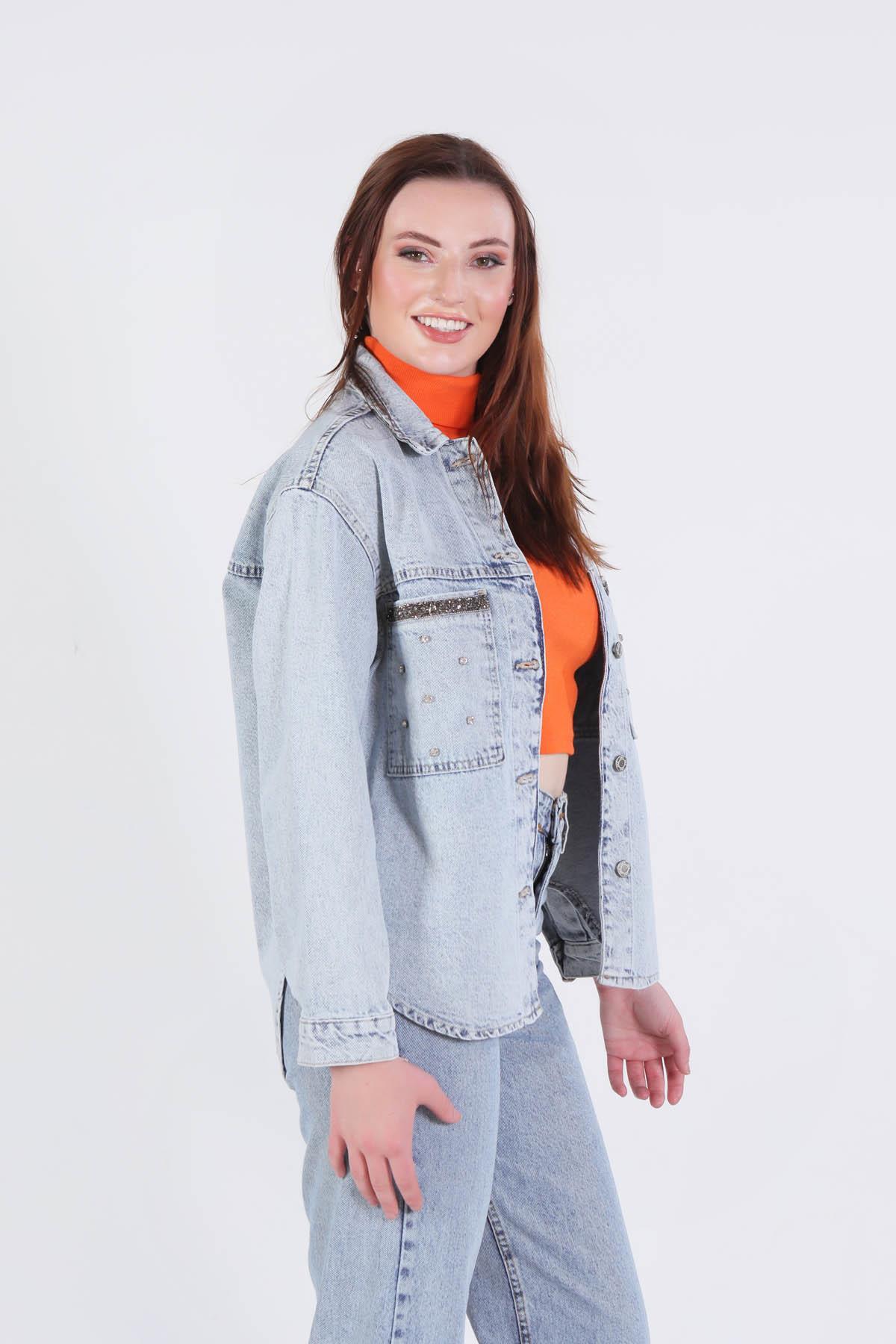 7090 Cep Taş Detay Oversize Gömlek Buz - 5