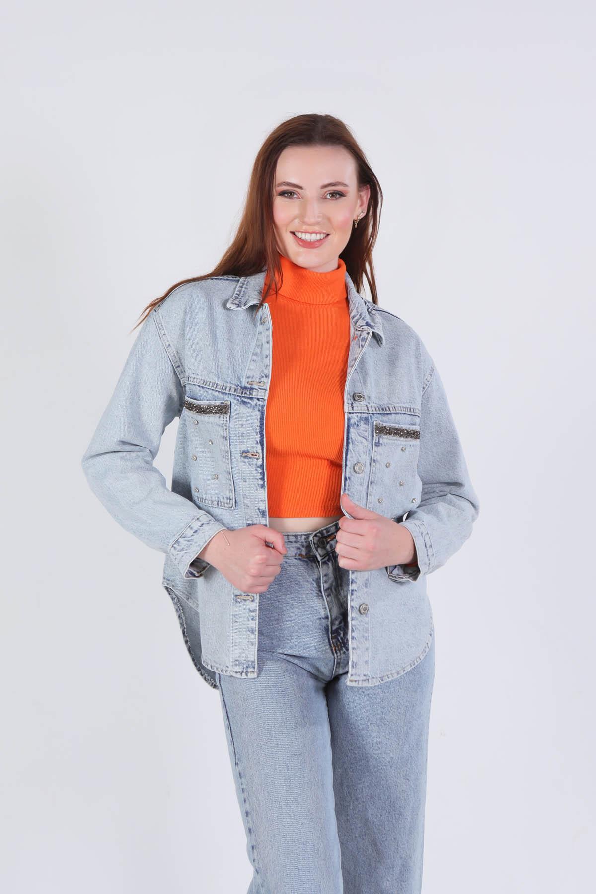 Buz Cep Taş Detay Oversize Gömlek 7090 - 2