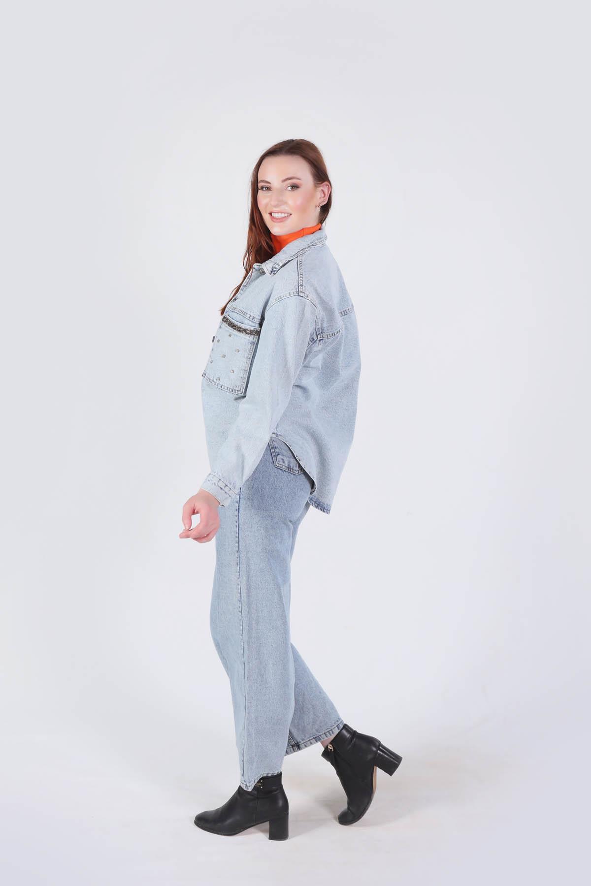 Buz Cep Taş Detay Oversize Gömlek 7090 - 3