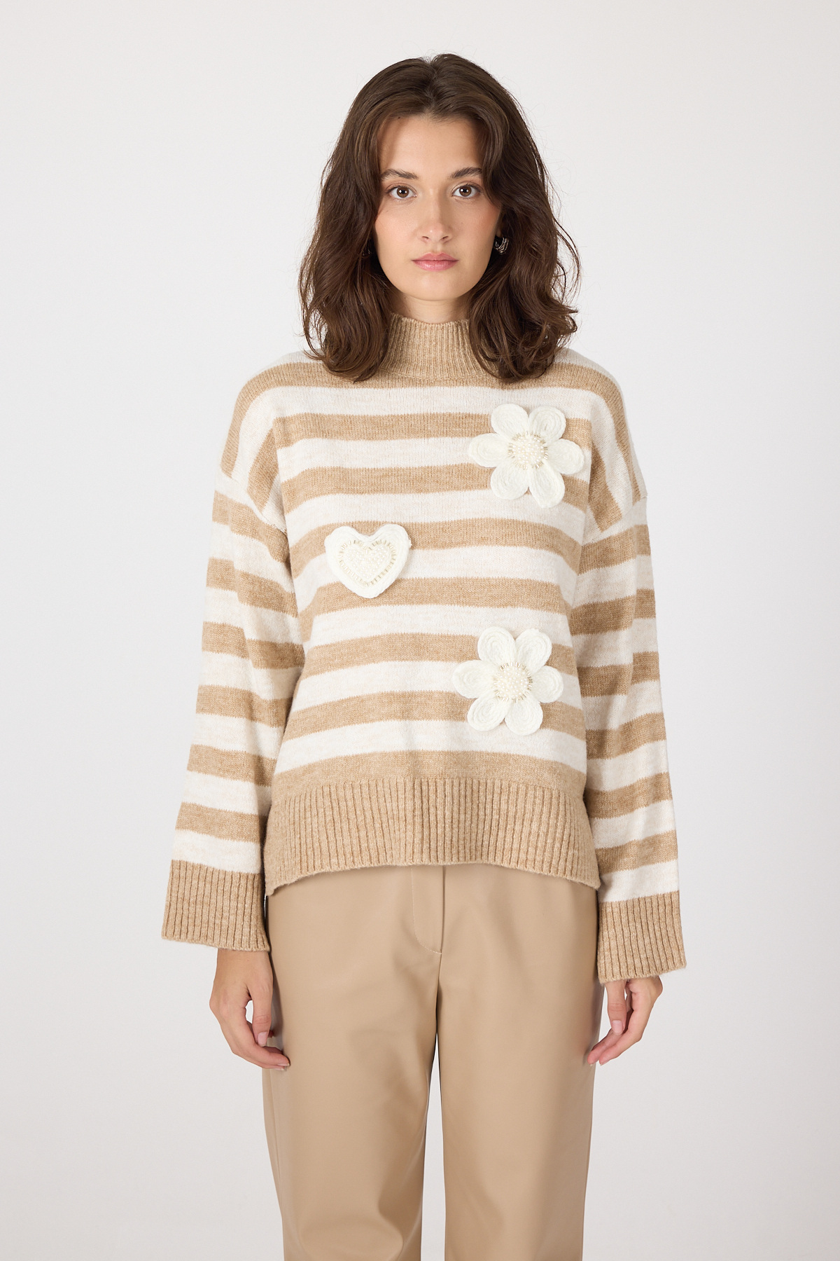 Bisküvi Çizgili İşleme Detaylı Kazak 7090 - 6