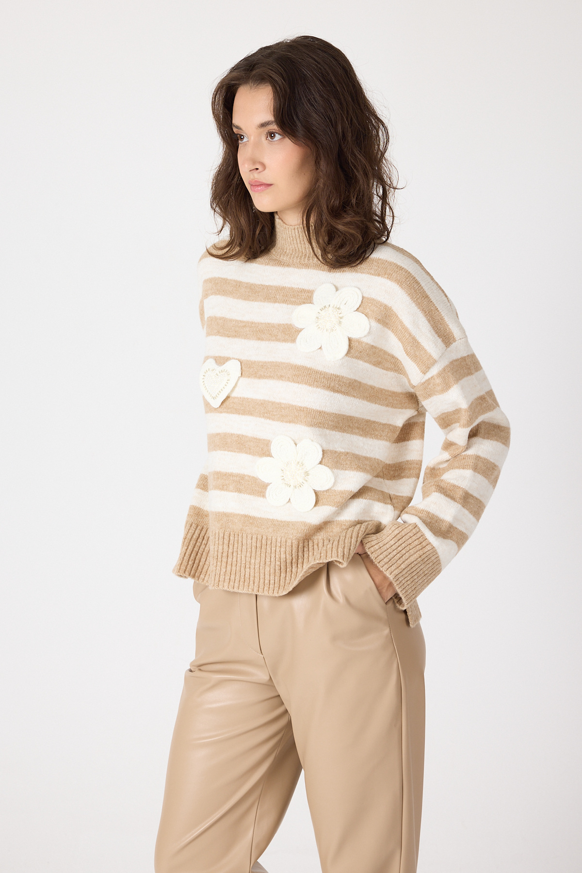 Bisküvi Çizgili İşleme Detaylı Kazak 7090 - 2