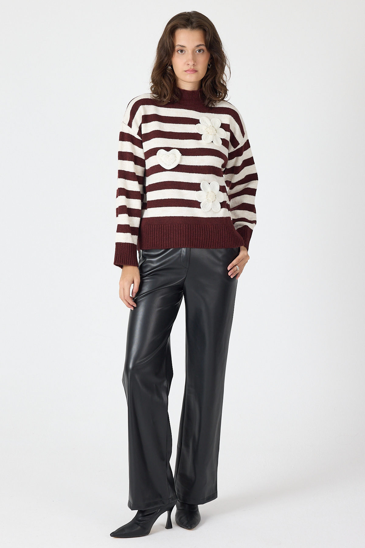 Bordo Çizgili İşleme Detaylı Kazak 7090 - RAYS