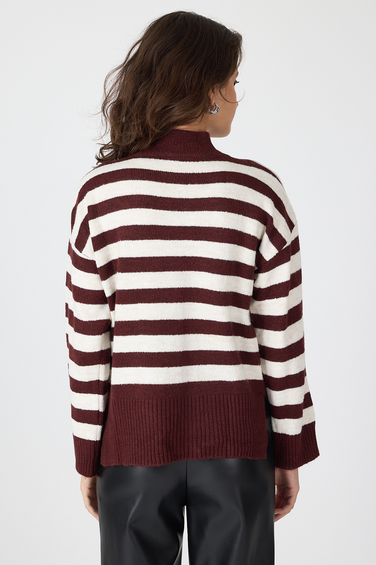 Bordo Çizgili İşleme Detaylı Kazak 7090 - 5