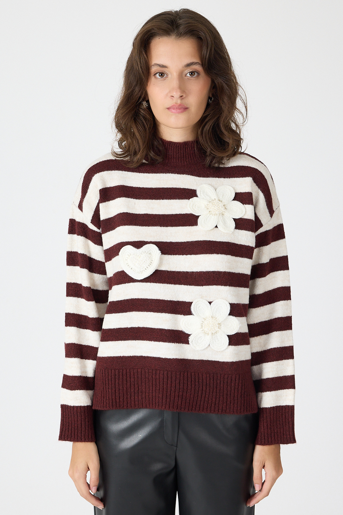 Bordo Çizgili İşleme Detaylı Kazak 7090 - 6