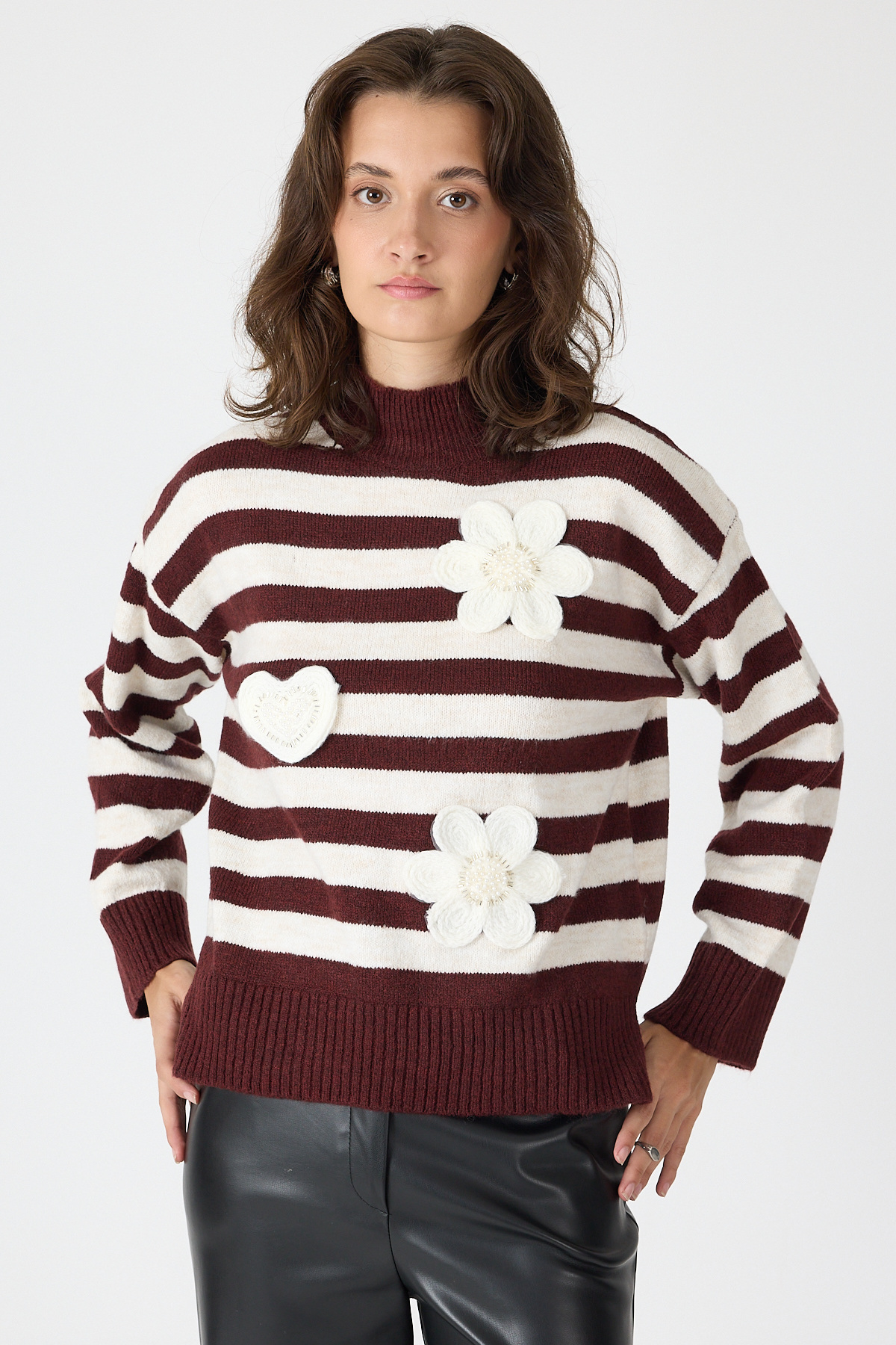 Bordo Çizgili İşleme Detaylı Kazak 7090 - 2