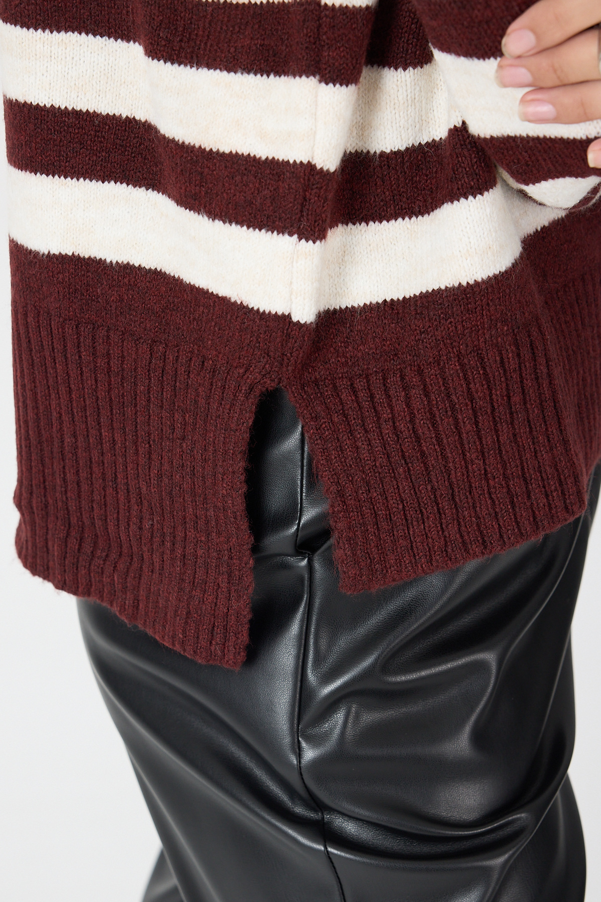 Bordo Çizgili İşleme Detaylı Kazak 7090 - 4