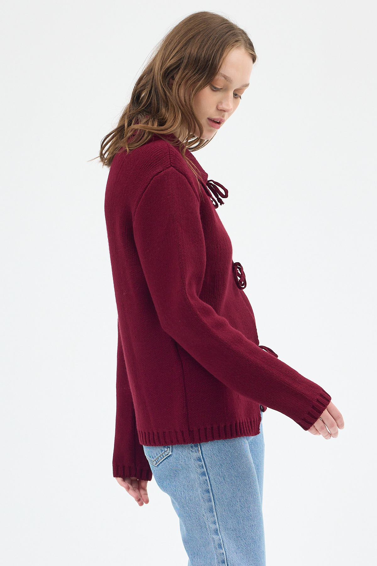 Bordo Kadın Bağlamalı Polo Yaka Triko Hırka 7095 - RAYS