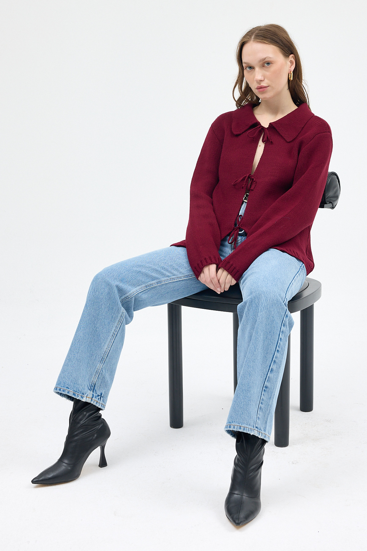 Bordo Kadın Bağlamalı Polo Yaka Triko Hırka 7095 - RAYS (1)