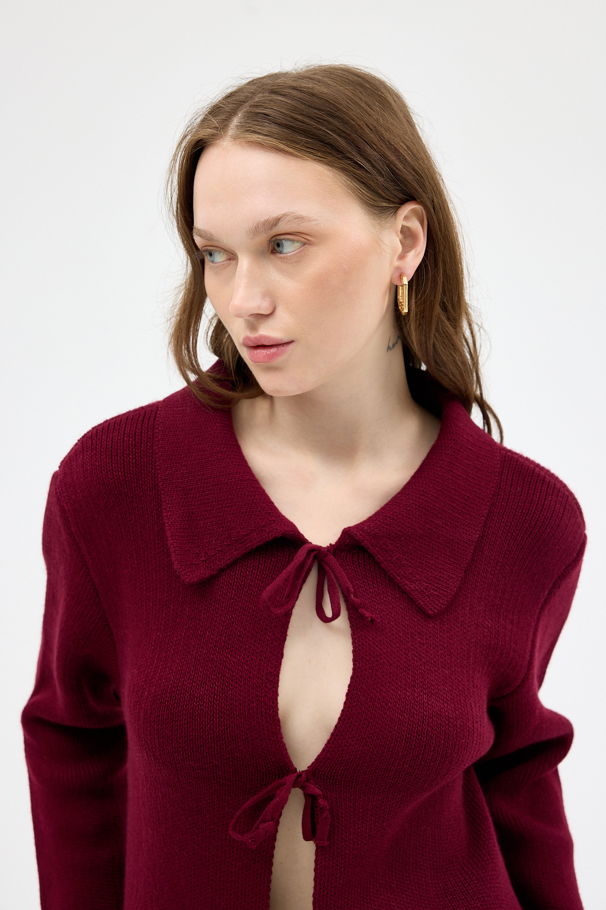 Bordo Kadın Bağlamalı Polo Yaka Triko Hırka 7095 - 4