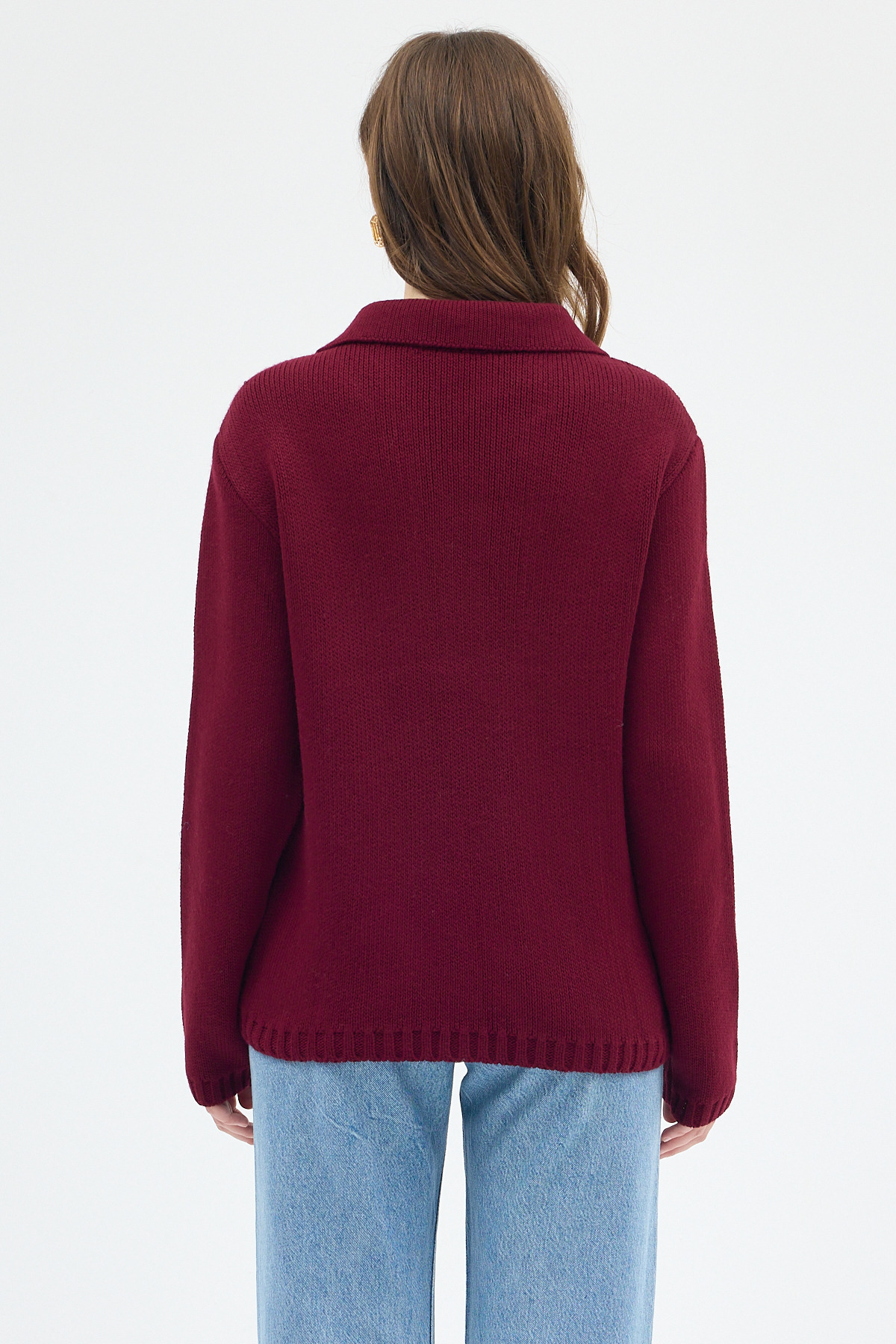 Bordo Kadın Bağlamalı Polo Yaka Triko Hırka 7095 - 5