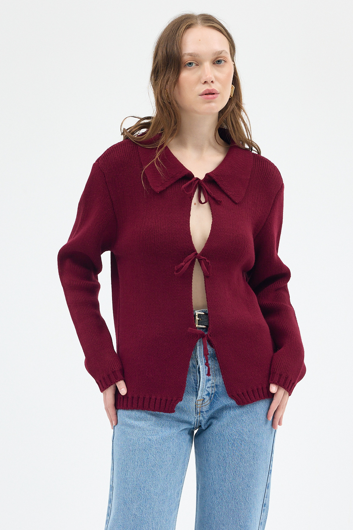 Bordo Kadın Bağlamalı Polo Yaka Triko Hırka 7095 - 6