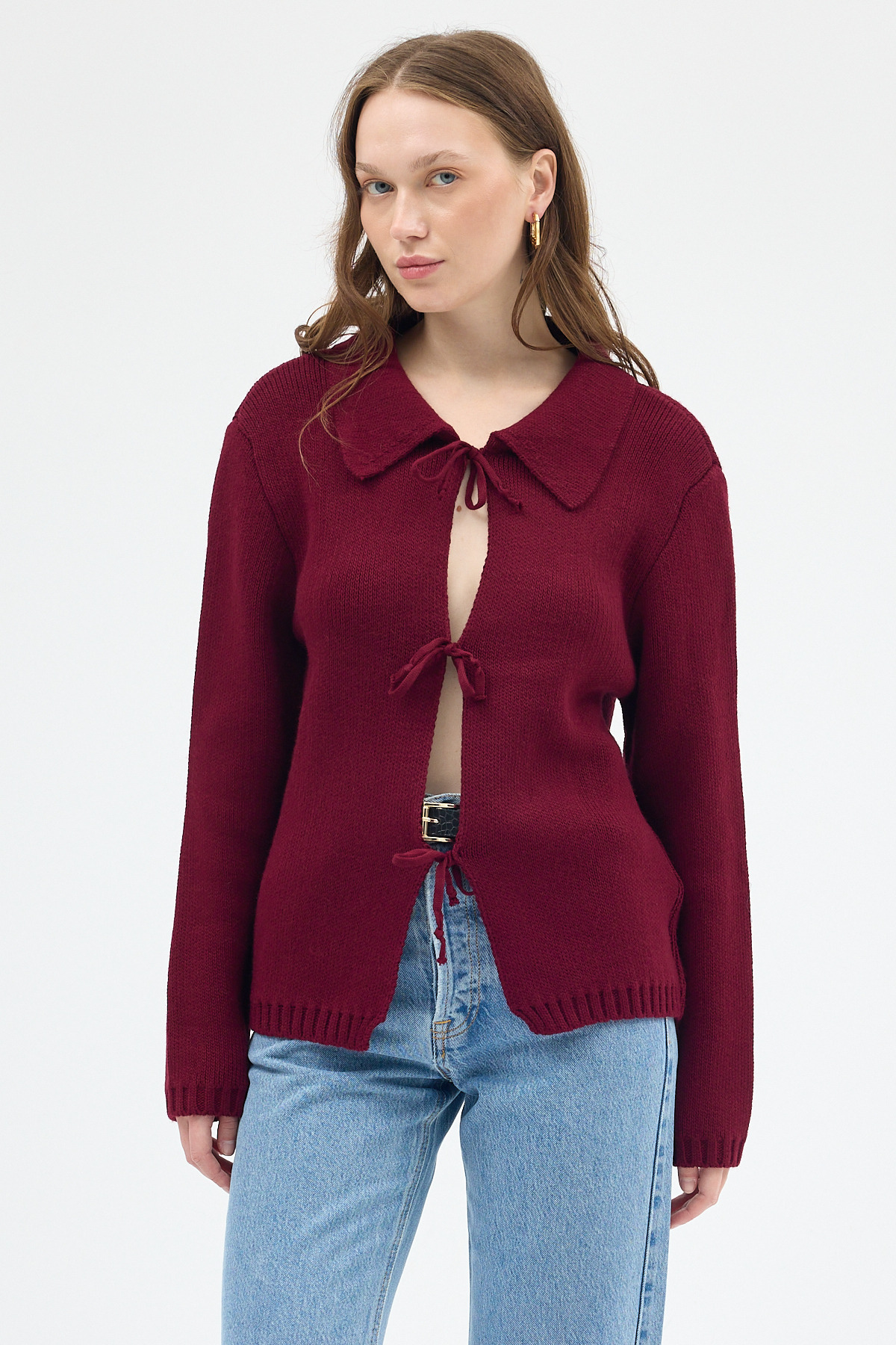 Bordo Kadın Bağlamalı Polo Yaka Triko Hırka 7095 - RAYS