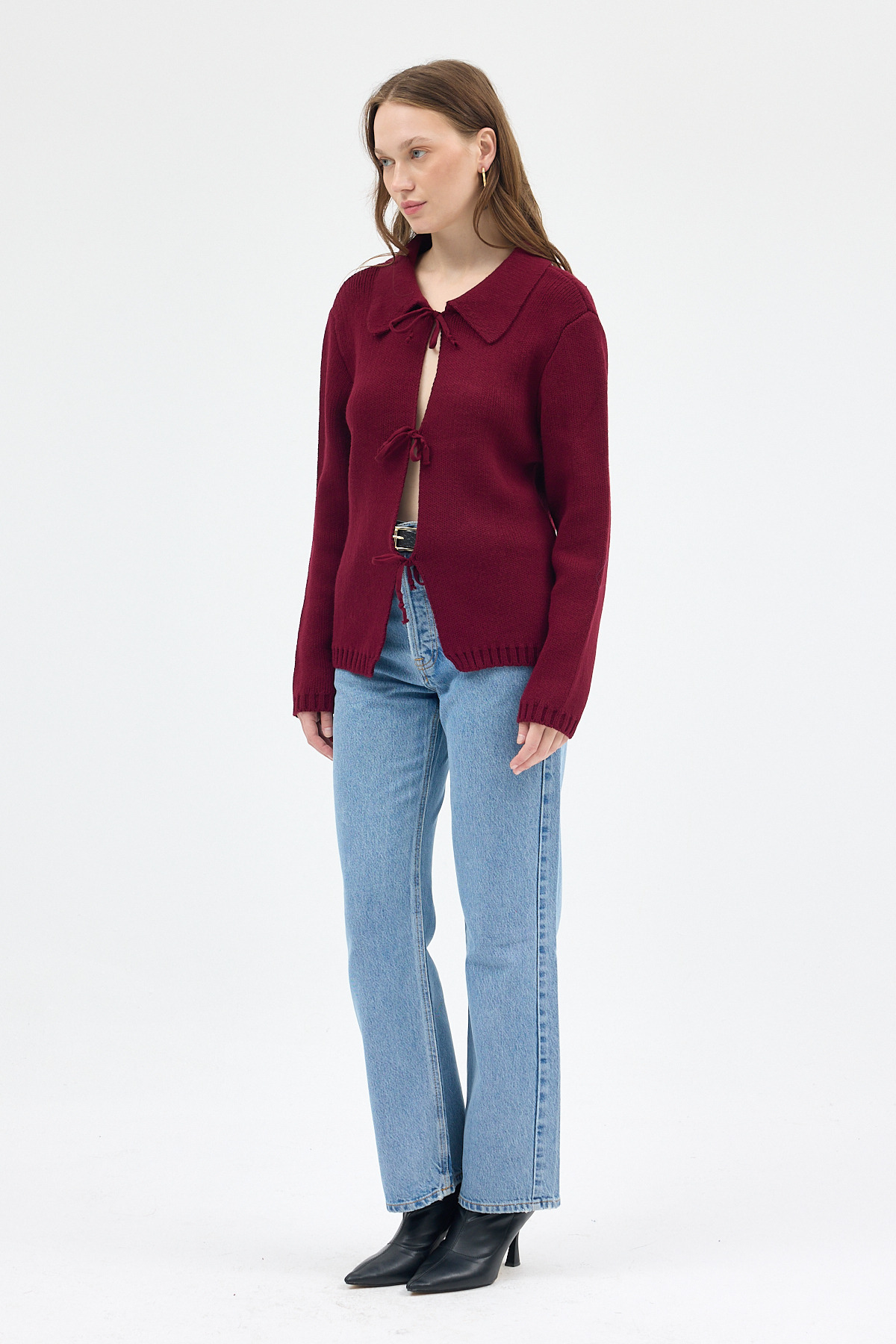 Bordo Kadın Bağlamalı Polo Yaka Triko Hırka 7095 - 7