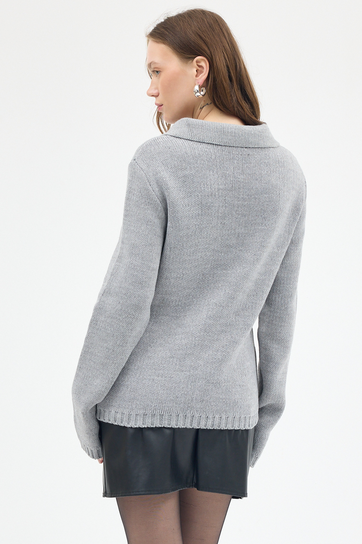 Gri Kadın Bağlamalı Polo Yaka Triko Hırka 7095 - 5