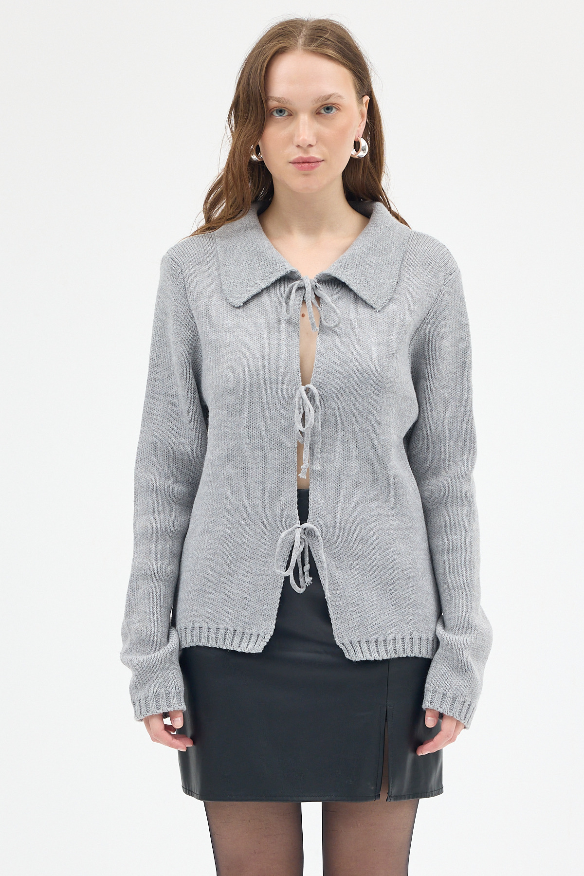 Gri Kadın Bağlamalı Polo Yaka Triko Hırka 7095 - 6