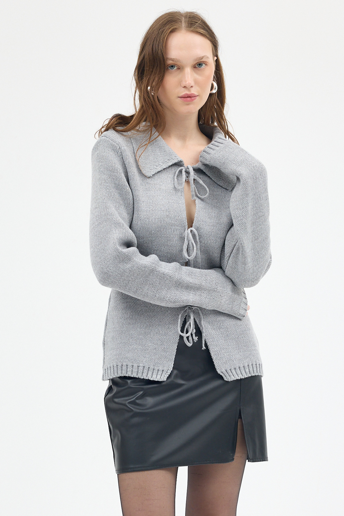 Gri Kadın Bağlamalı Polo Yaka Triko Hırka 7095 - 7